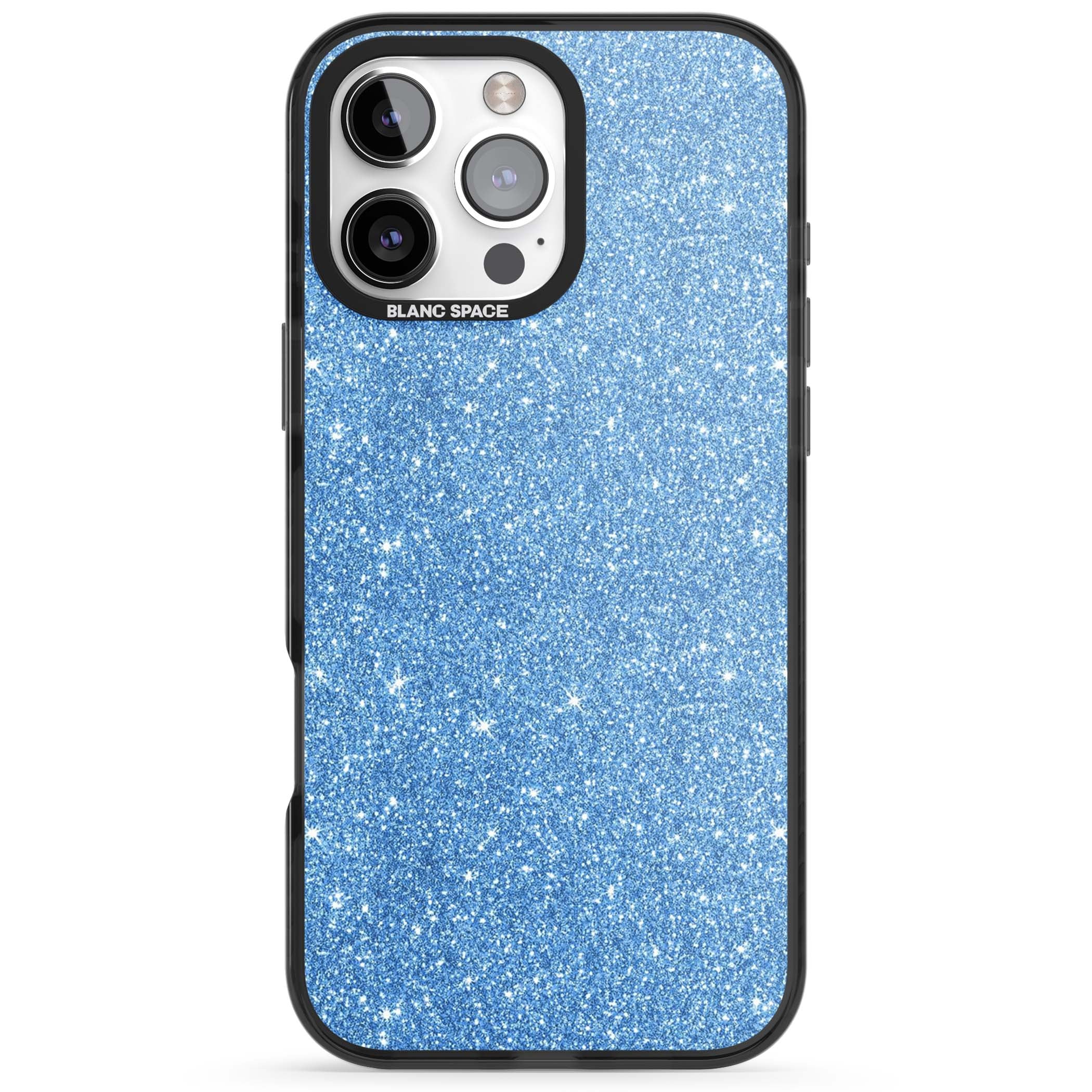 Blue Glitter blue glitter iPhone case featuring dense sparkling cerulean glitter with a glamorous shimmering finish | Black Impact Magsafe case for iPhone 16 Pro, iPhone 16 Pro Max
