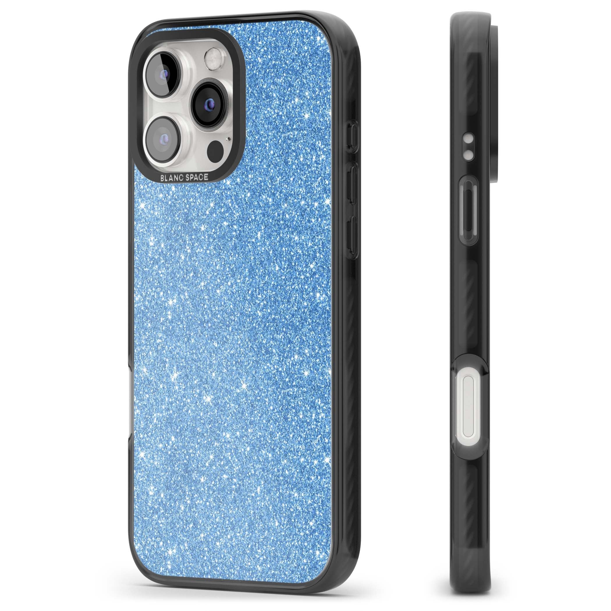 Blue Glitter blue glitter iPhone case featuring dense sparkling cerulean glitter with a glamorous shimmering finish | Black Impact Magsafe case for iPhone 16 Pro, iPhone 16 Pro Max
