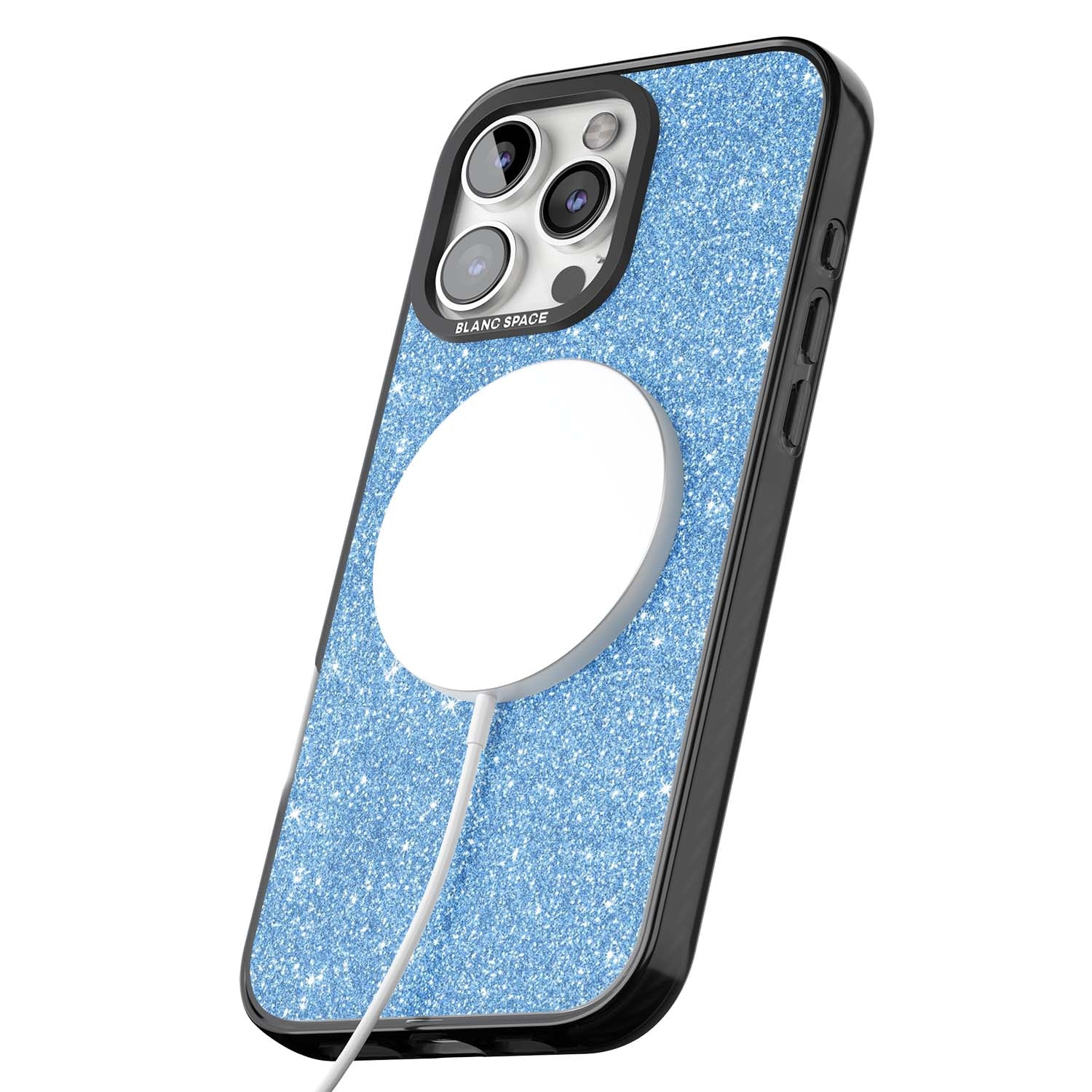 Blue Glitter blue glitter iPhone case featuring dense sparkling cerulean glitter with a glamorous shimmering finish | Black Impact Magsafe case for iPhone 16 Pro, iPhone 16 Pro Max