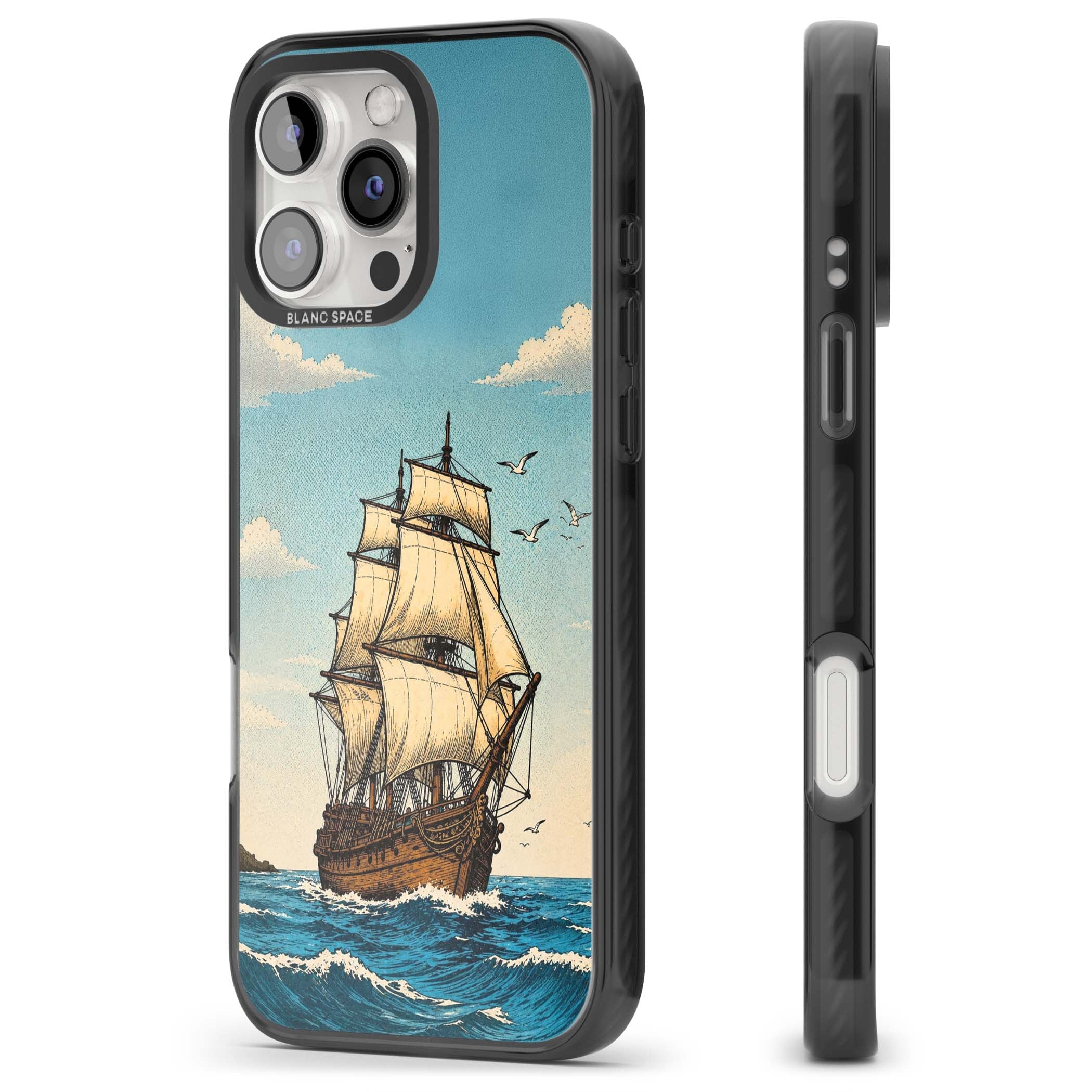 Ship at Sea nautical iPhone case featuring a vintage tall ship, ocean waves and seagulls | Black Impact Magsafe case for iPhone 16 Pro, iPhone 16 Pro Max