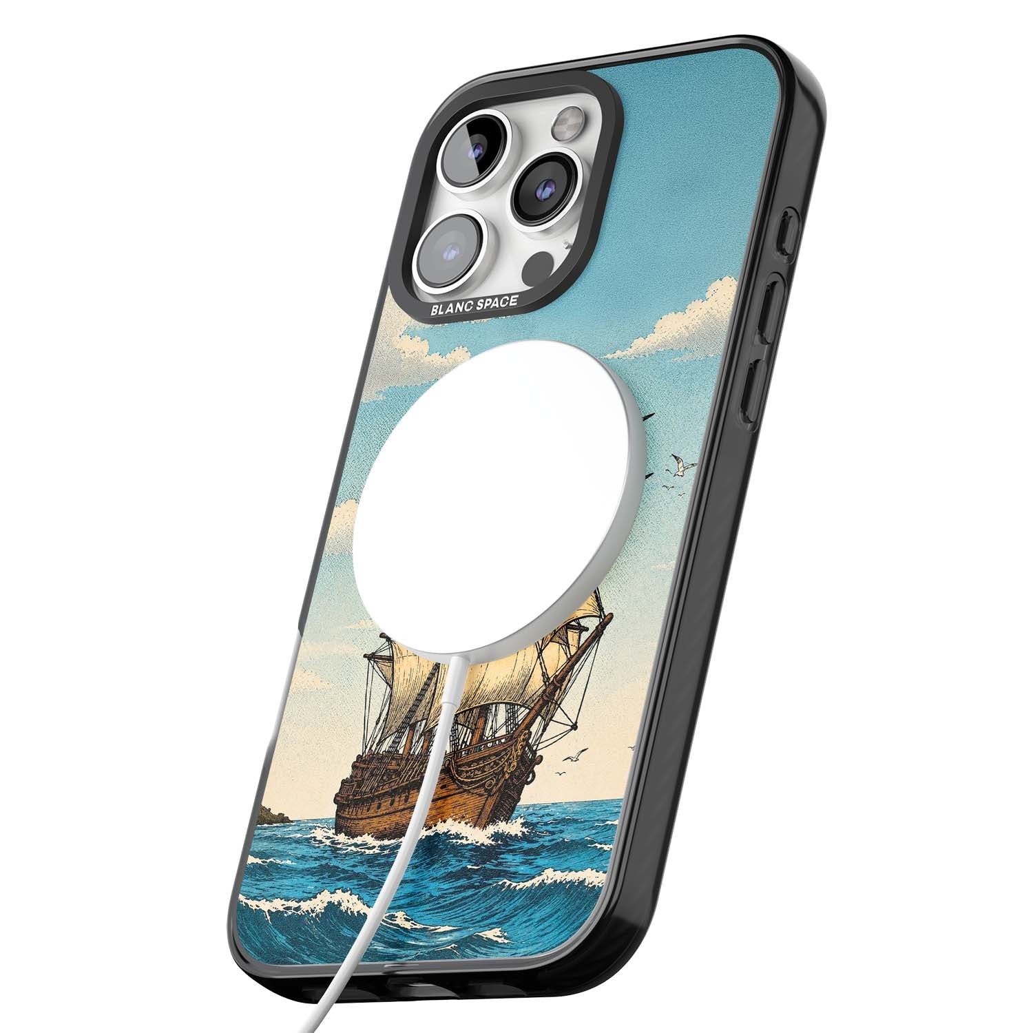Ship at Sea nautical iPhone case featuring a vintage tall ship, ocean waves and seagulls | Black Impact Magsafe case for iPhone 16 Pro, iPhone 16 Pro Max