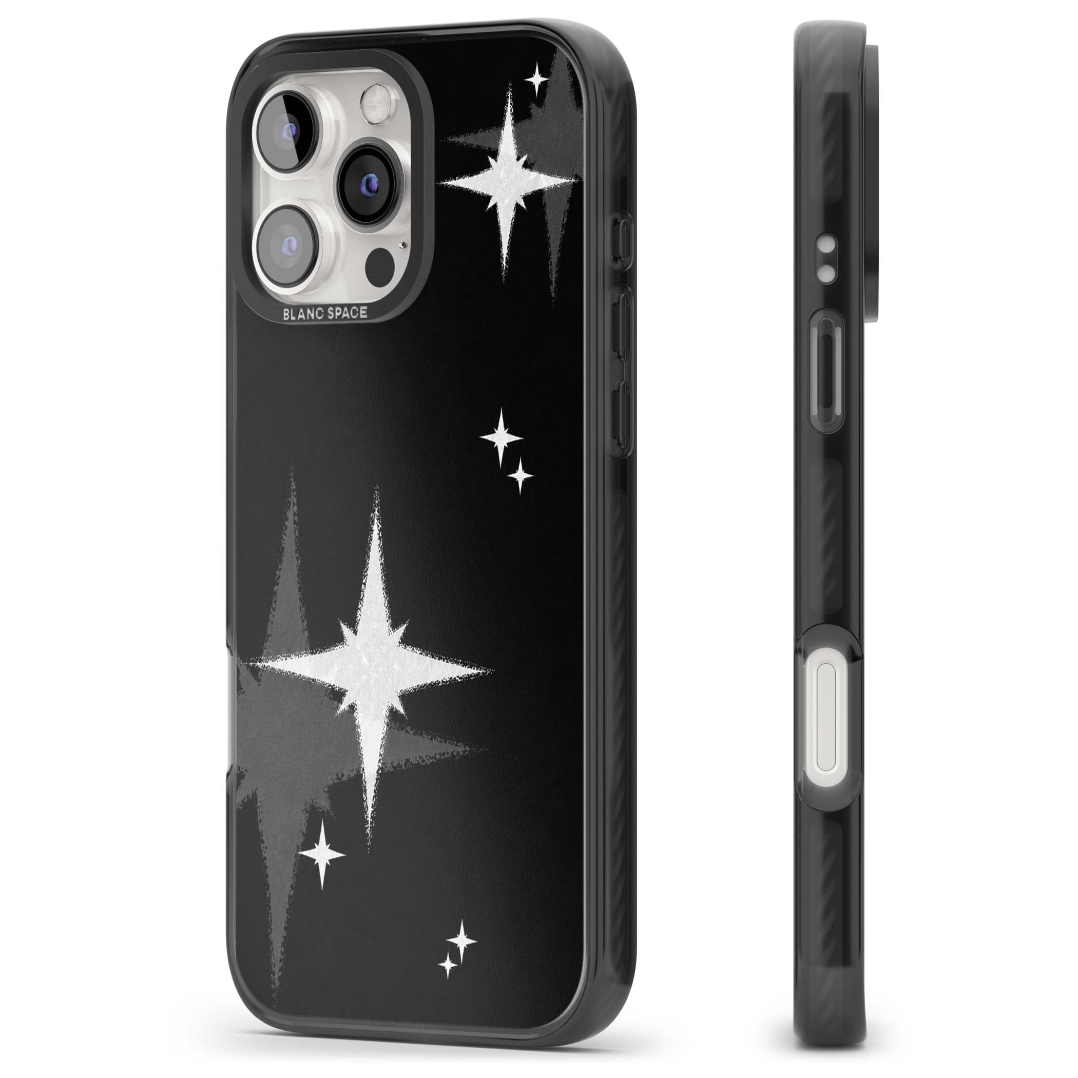 Black Sparkle celestial iPhone case featuring white sparkle stars on a black night sky background | Black Impact Magsafe case for iPhone 16 Pro, iPhone 16 Pro Max