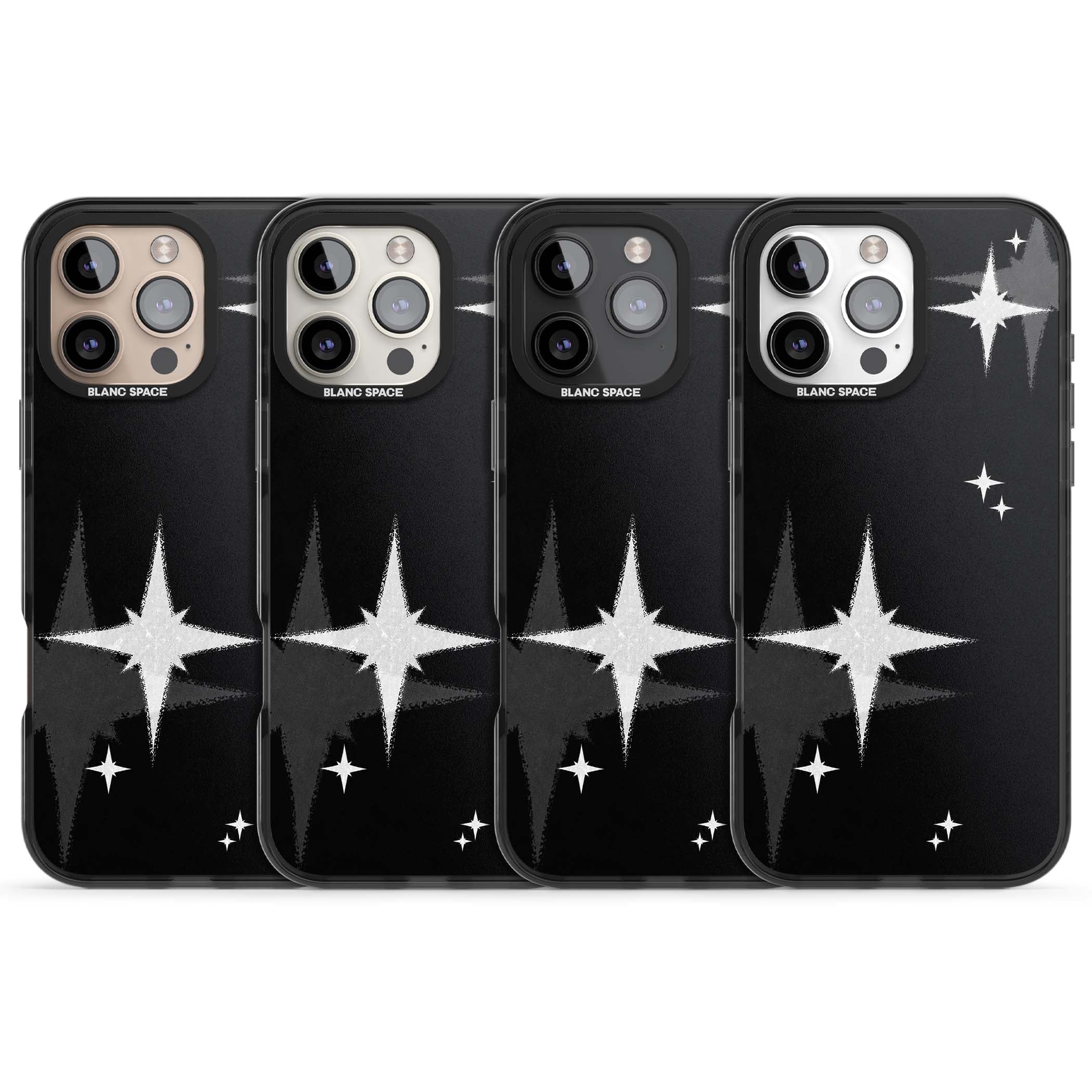 Black Sparkle celestial iPhone case featuring white sparkle stars on a black night sky background | Black Impact Magsafe case for iPhone 16 Pro, iPhone 16 Pro Max