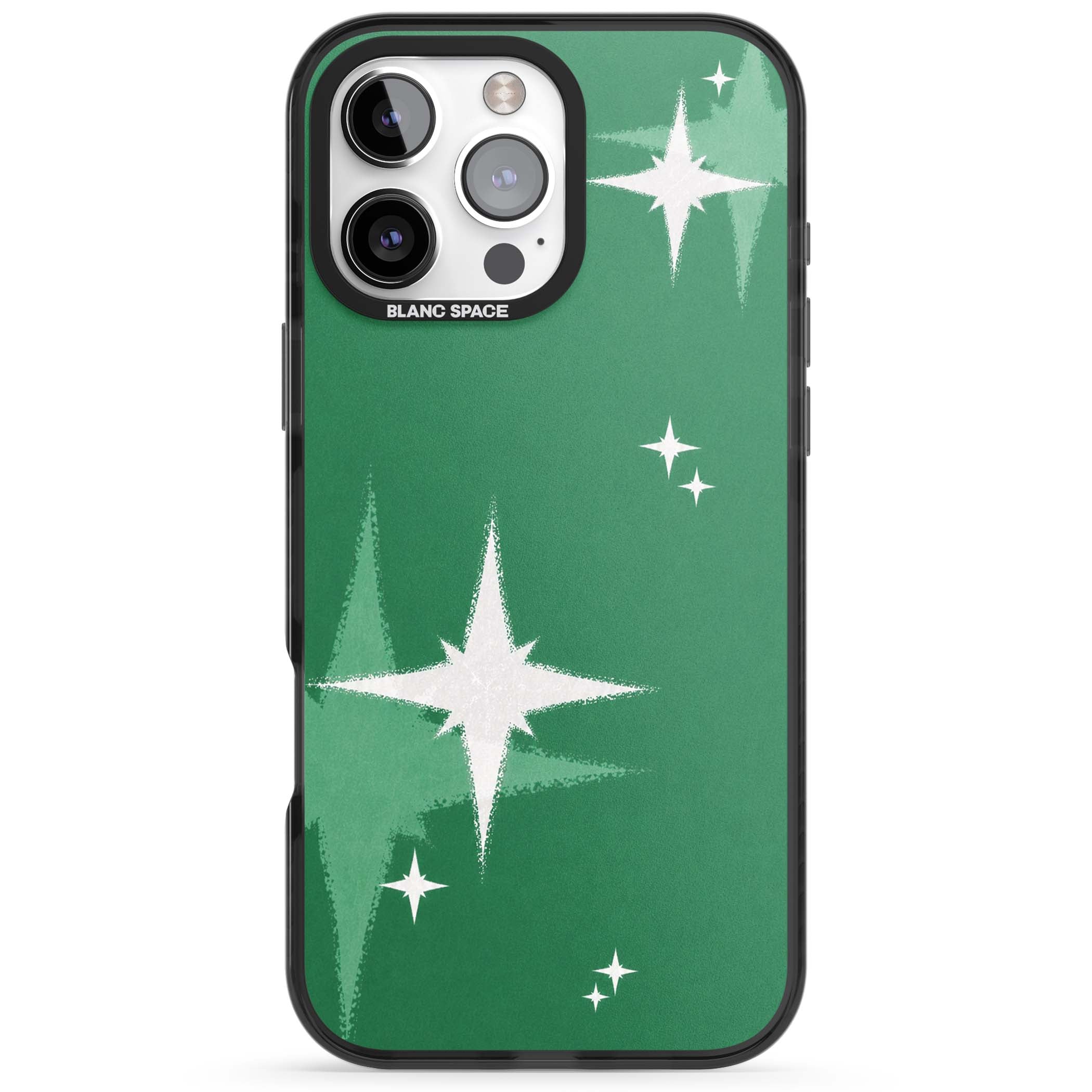 Green Sparkle celestial iPhone case featuring sparkling white four-point stars on a deep green background | Black Impact Magsafe case for iPhone 16 Pro, iPhone 16 Pro Max