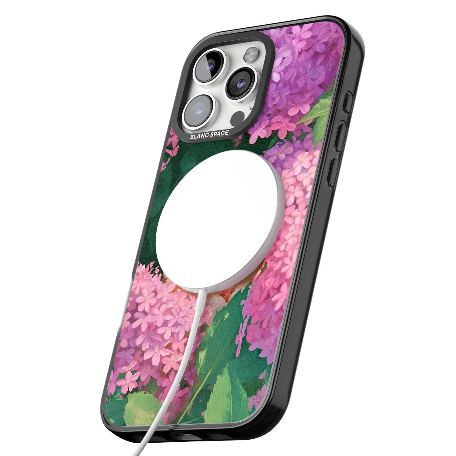 Cat In Pink Flowers cottagecore iPhone case featuring a ginger kitten peeking through lilac and pink hydrangea flo | Black Impact Magsafe case for iPhone 16 Pro, iPhone 16 Pro Max