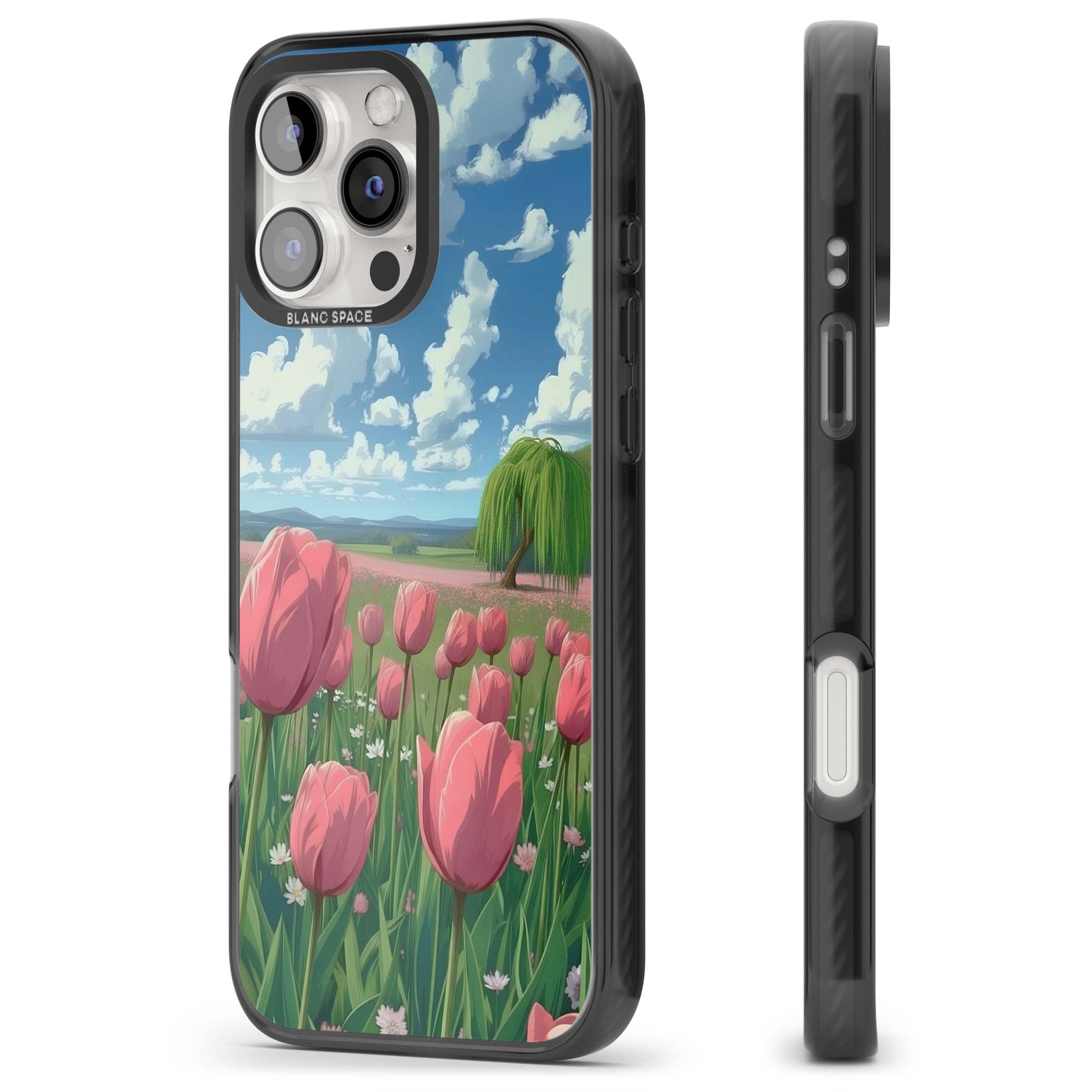 Willow By The Pink Tulips floral iPhone case | Black Impact Magsafe case for iPhone 16 Pro, iPhone 16 Pro Max