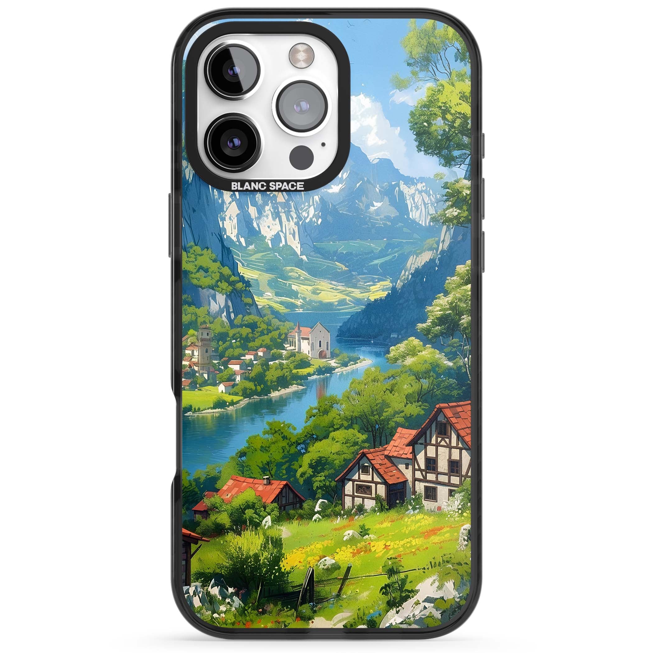 Village In The Valley anime iPhone case featuring a painted mountain village, river valley and half-timbered cottages. | Black Impact Magsafe case for iPhone 16 Pro, iPhone 16 Pro Max