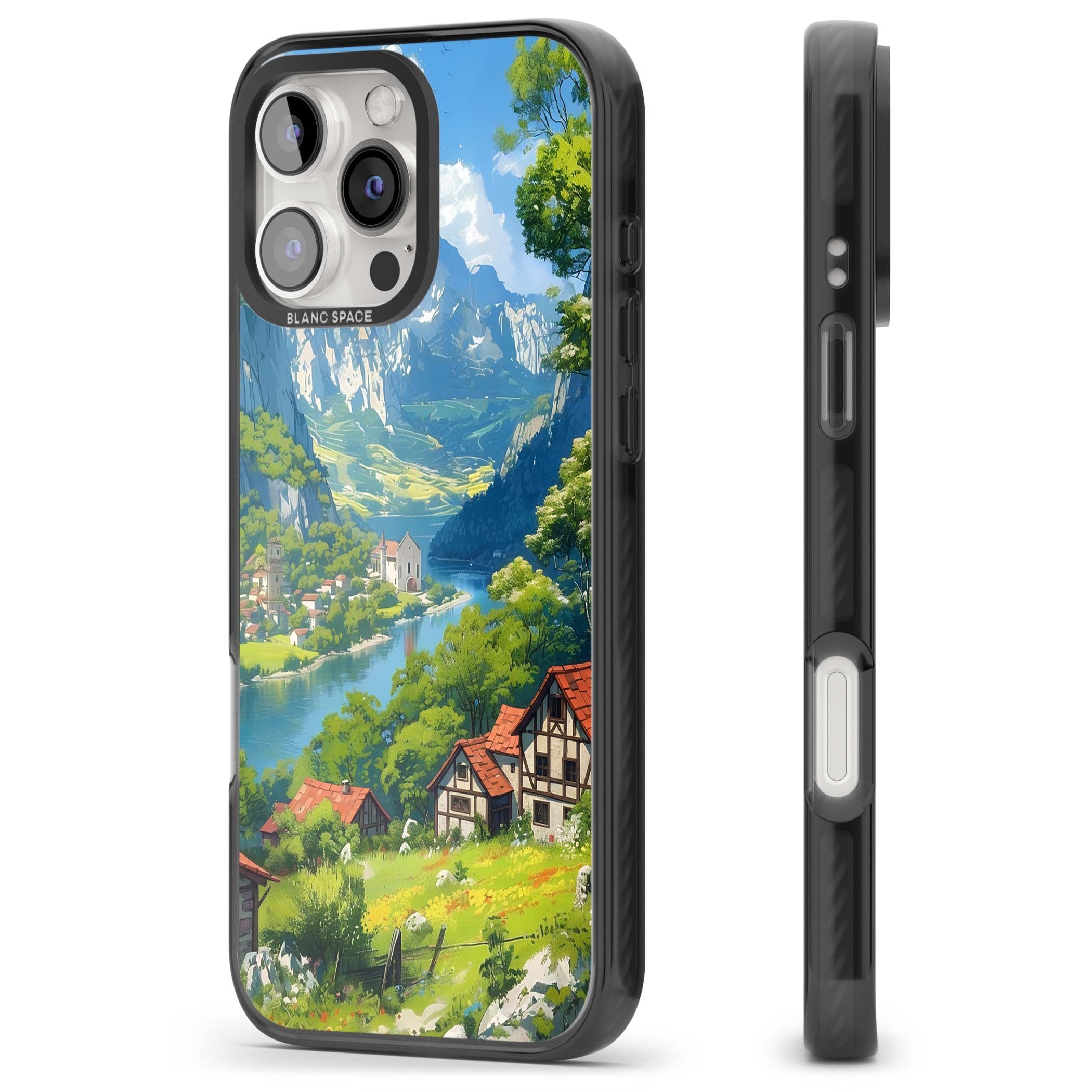 Village In The Valley anime iPhone case featuring a painted mountain village, river valley and half-timbered cottages. | Black Impact Magsafe case for iPhone 16 Pro, iPhone 16 Pro Max