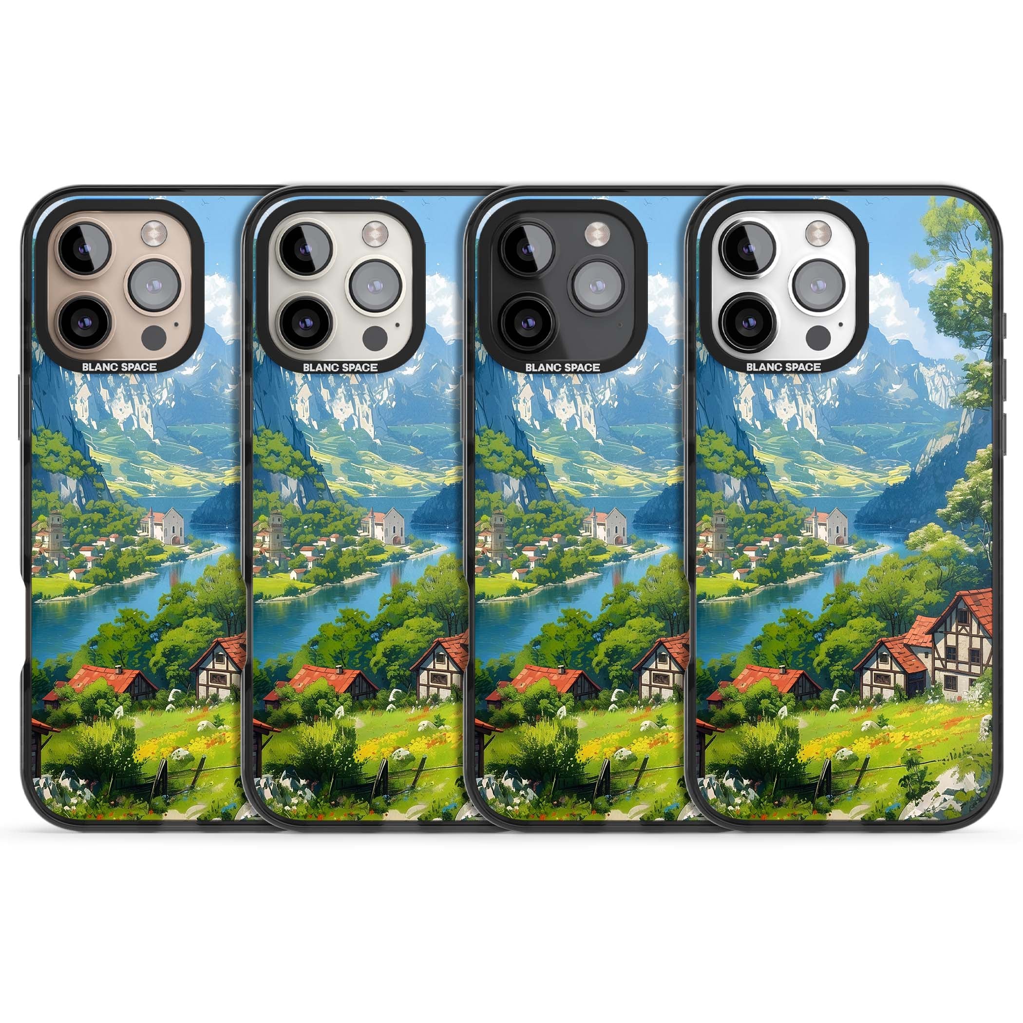 Village In The Valley anime iPhone case featuring a painted mountain village, river valley and half-timbered cottages. | Black Impact Magsafe case for iPhone 16 Pro, iPhone 16 Pro Max