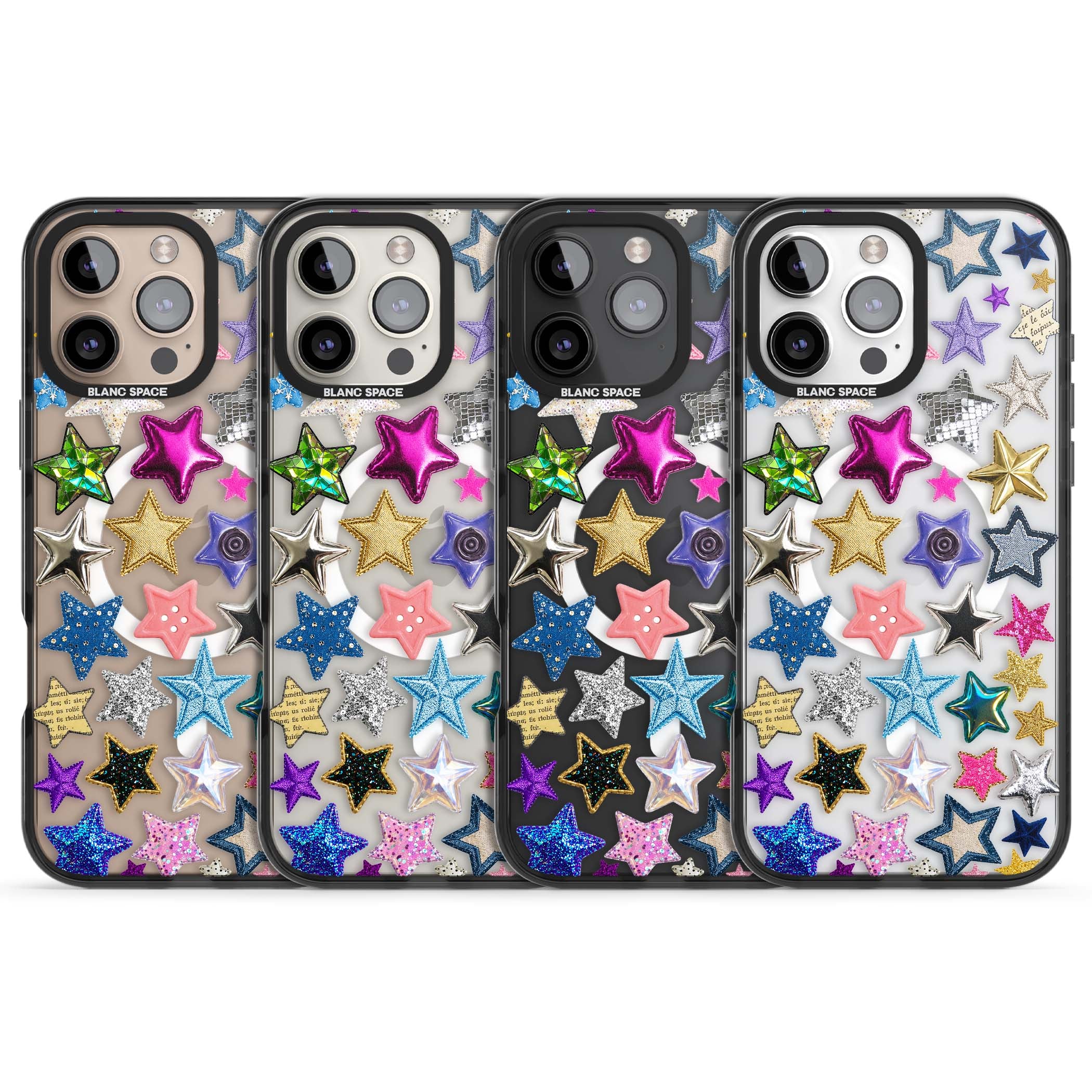 Crafty Star Mix Y2K iPhone case featuring embroidered, sequinned and glitter star patches in rainbow colours | Black Impact Magsafe case for iPhone 16 Pro, iPhone 16 Pro Max