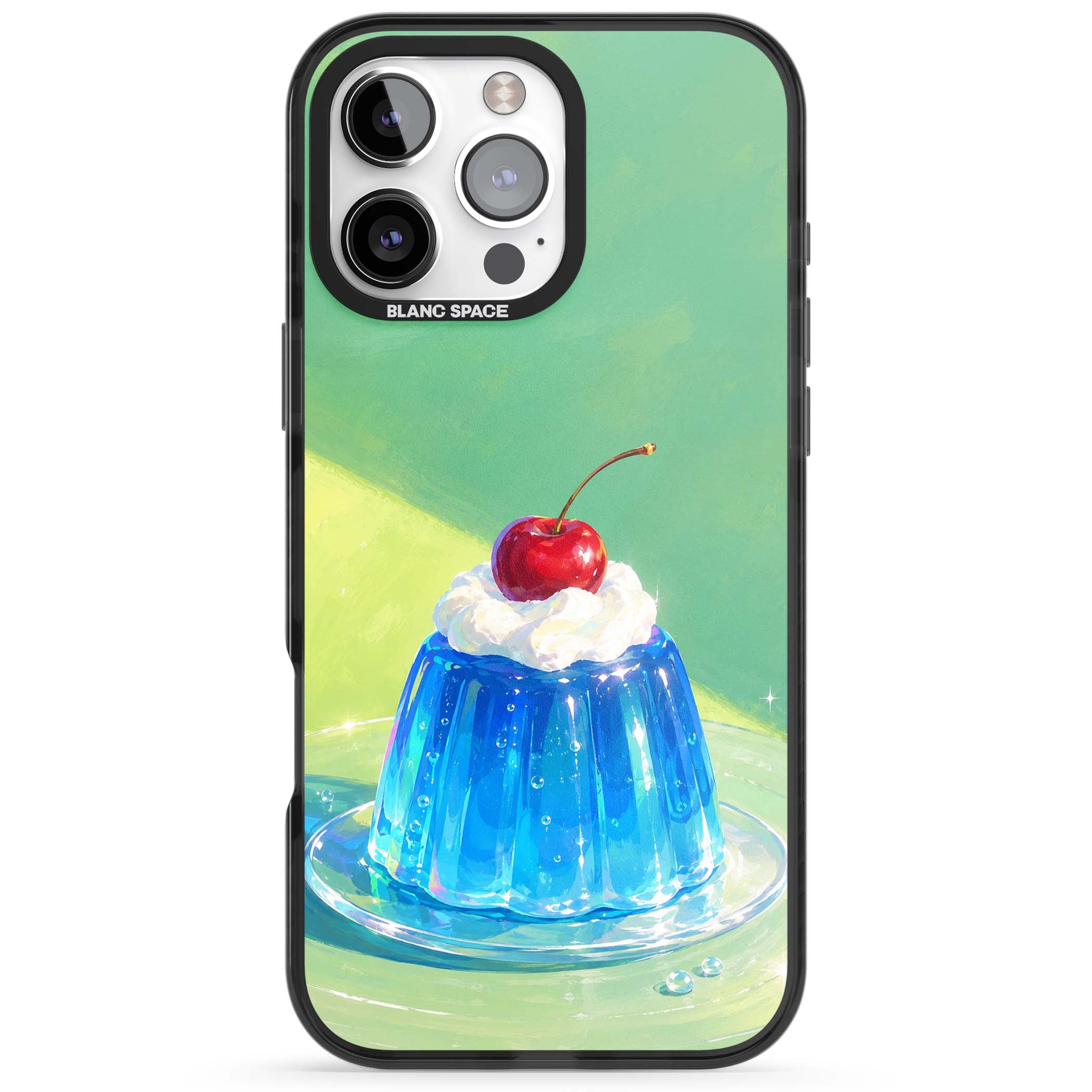 Cherry Jelly kawaii dessert iPhone case featuring blue jelly pudding, whipped cream and a red cherry | Black Impact Magsafe case for iPhone 16 Pro, iPhone 16 Pro Max