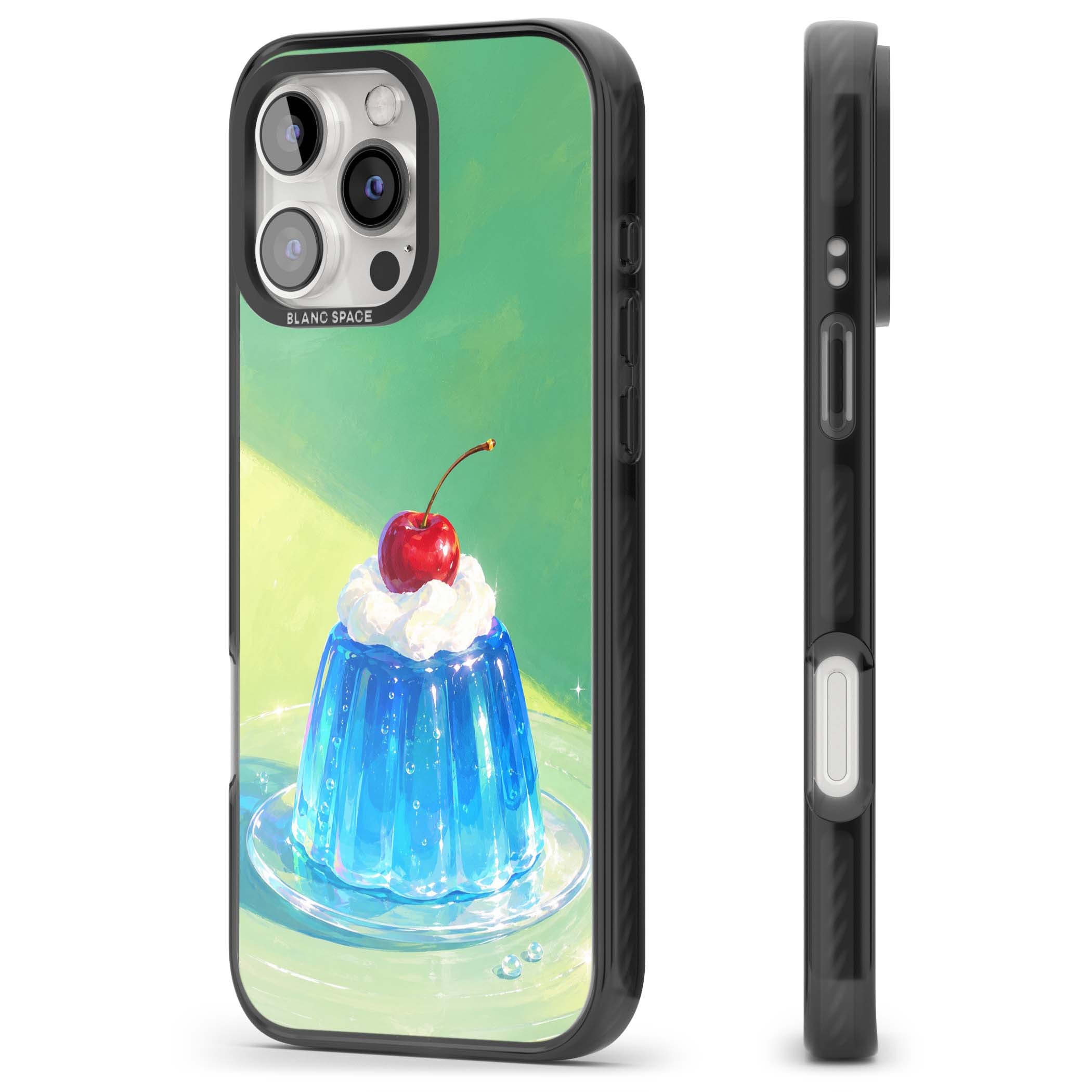 Cherry Jelly kawaii dessert iPhone case featuring blue jelly pudding, whipped cream and a red cherry | Black Impact Magsafe case for iPhone 16 Pro, iPhone 16 Pro Max