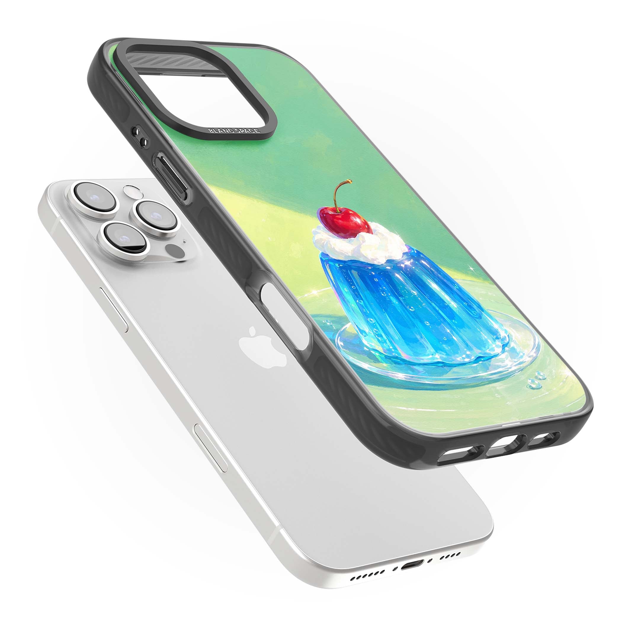 Cherry Jelly kawaii dessert iPhone case featuring blue jelly pudding, whipped cream and a red cherry | Black Impact Magsafe case for iPhone 16 Pro, iPhone 16 Pro Max