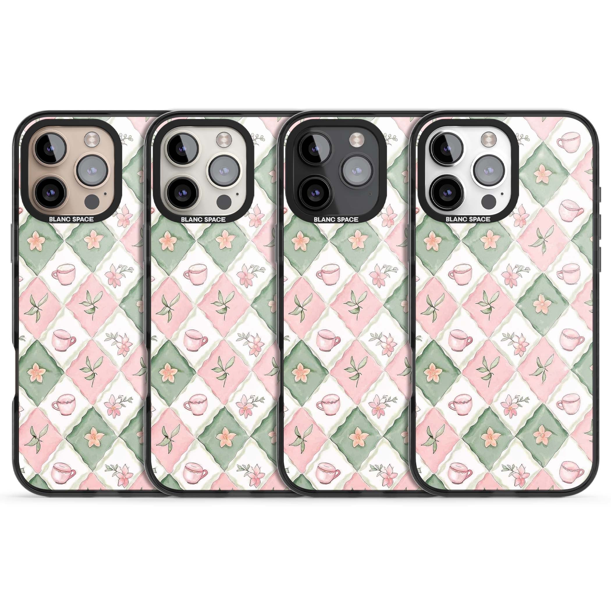 Garden Tea Party coquette iPhone case with pink and green checkered pattern, watercolour teacups and wildflowers | Black Impact Magsafe case for iPhone 16 Pro, iPhone 16 Pro Max