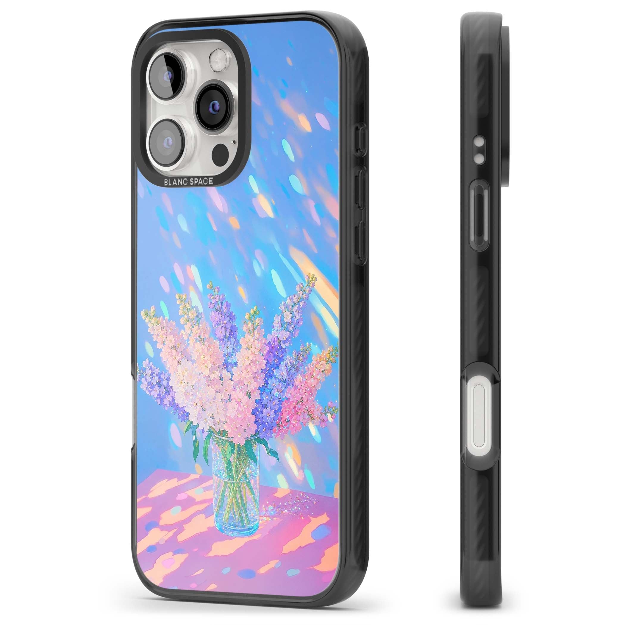 Bubblegum Flowers floral iPhone case featuring pastel lilac and pink bouquet in a glass vase with iridescent light | Black Impact Magsafe case for iPhone 16 Pro, iPhone 16 Pro Max