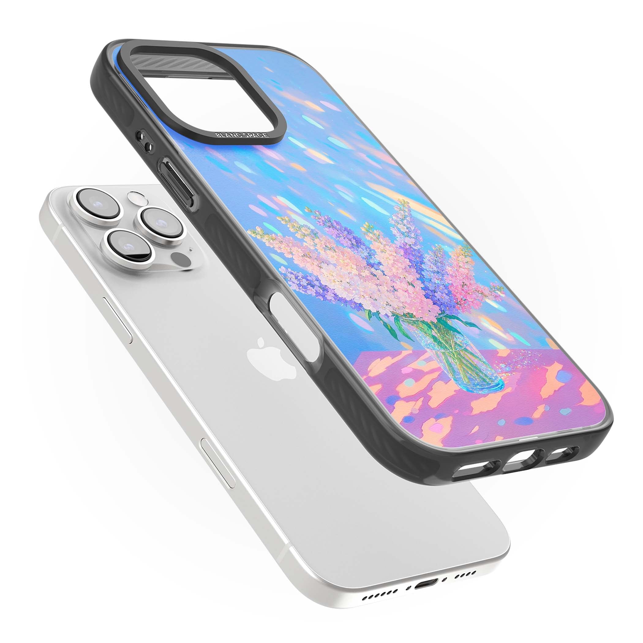 Bubblegum Flowers floral iPhone case featuring pastel lilac and pink bouquet in a glass vase with iridescent light | Black Impact Magsafe case for iPhone 16 Pro, iPhone 16 Pro Max