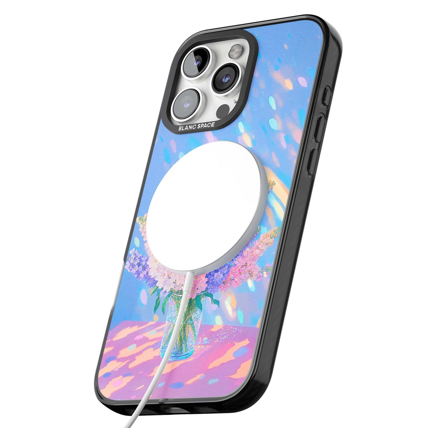 Bubblegum Flowers floral iPhone case featuring pastel lilac and pink bouquet in a glass vase with iridescent light | Black Impact Magsafe case for iPhone 16 Pro, iPhone 16 Pro Max