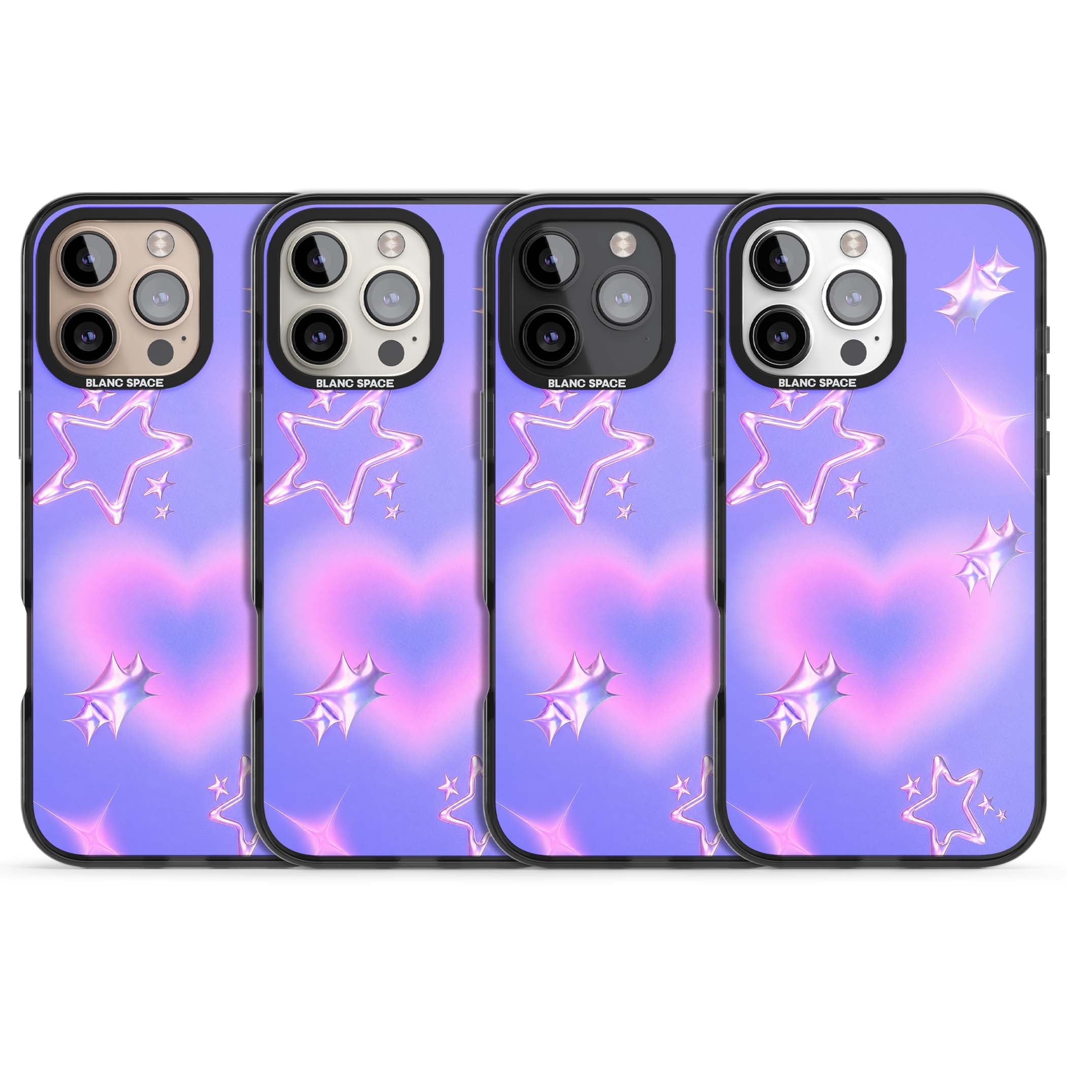 Soft Sugar Y2K iPhone case featuring iridescent chrome hearts, metallic pink stars and a lavender gradient sky | Black Impact Magsafe case for iPhone 16 Pro, iPhone 16 Pro Max