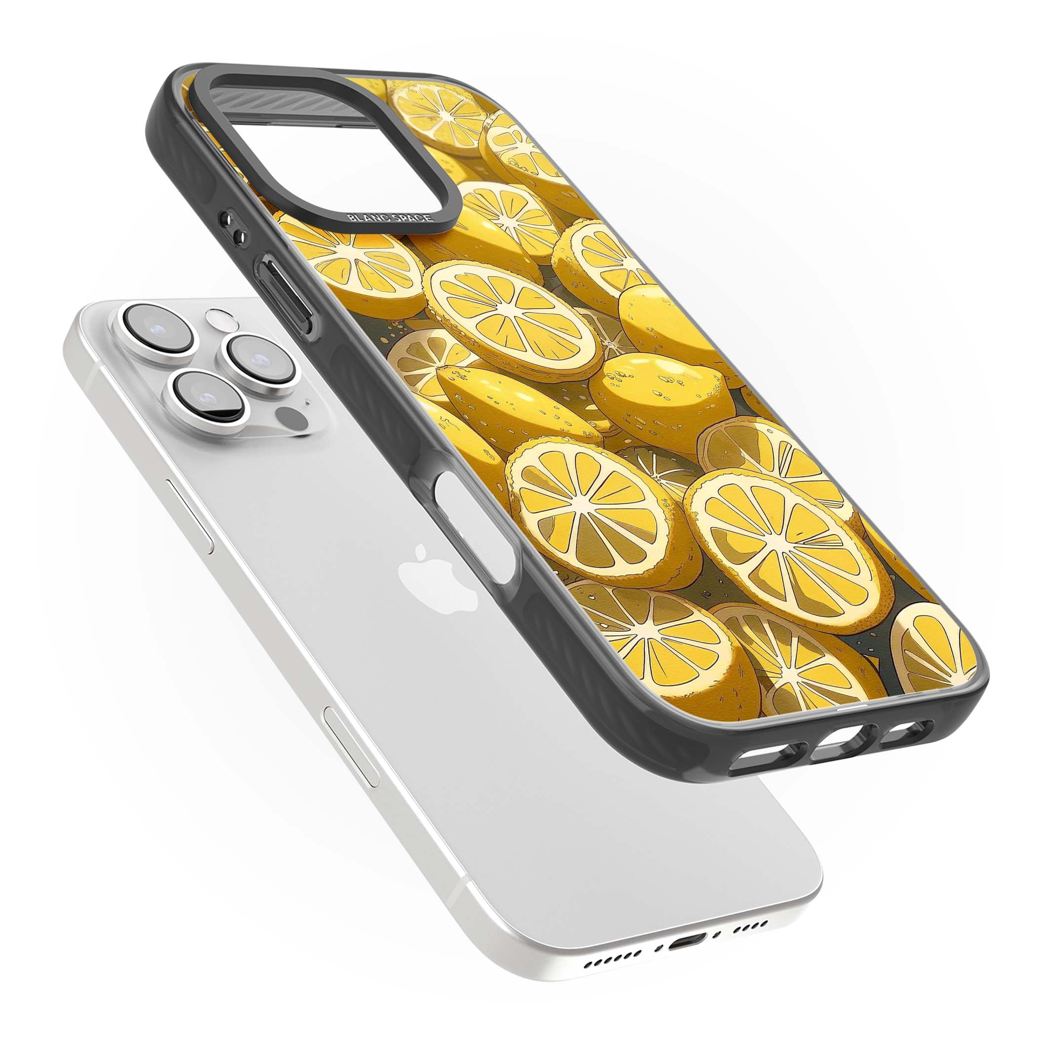 Zesty coastal iPhone case featuring illustrated Mediterranean lemons and citrus slices in golden yellow | Black Impact Magsafe case for iPhone 16 Pro, iPhone 16 Pro Max