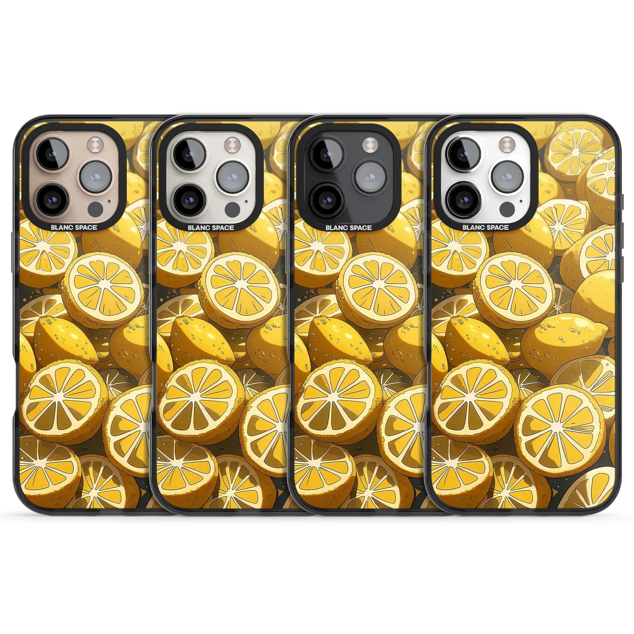 Zesty coastal iPhone case featuring illustrated Mediterranean lemons and citrus slices in golden yellow | Black Impact Magsafe case for iPhone 16 Pro, iPhone 16 Pro Max