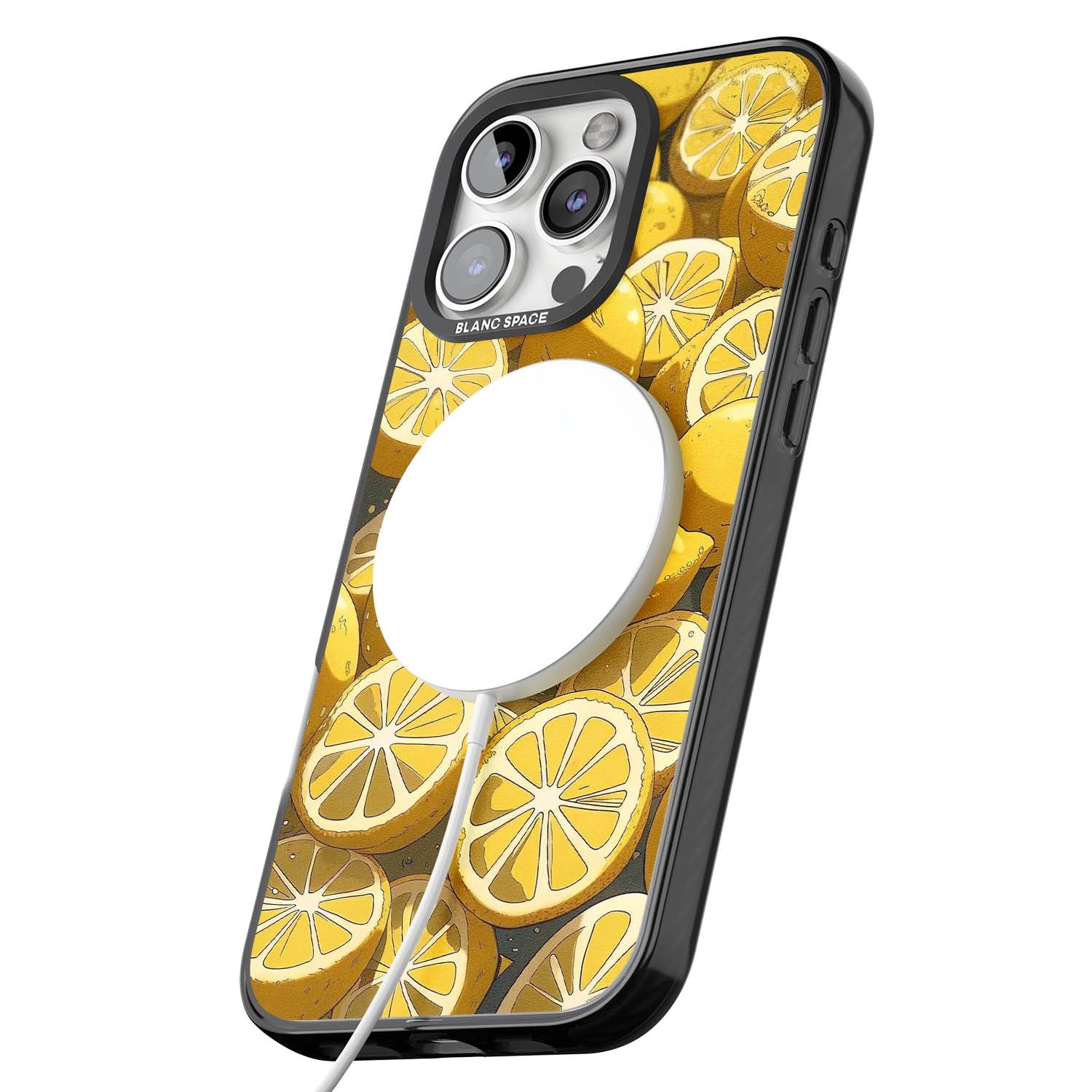 Zesty coastal iPhone case featuring illustrated Mediterranean lemons and citrus slices in golden yellow | Black Impact Magsafe case for iPhone 16 Pro, iPhone 16 Pro Max