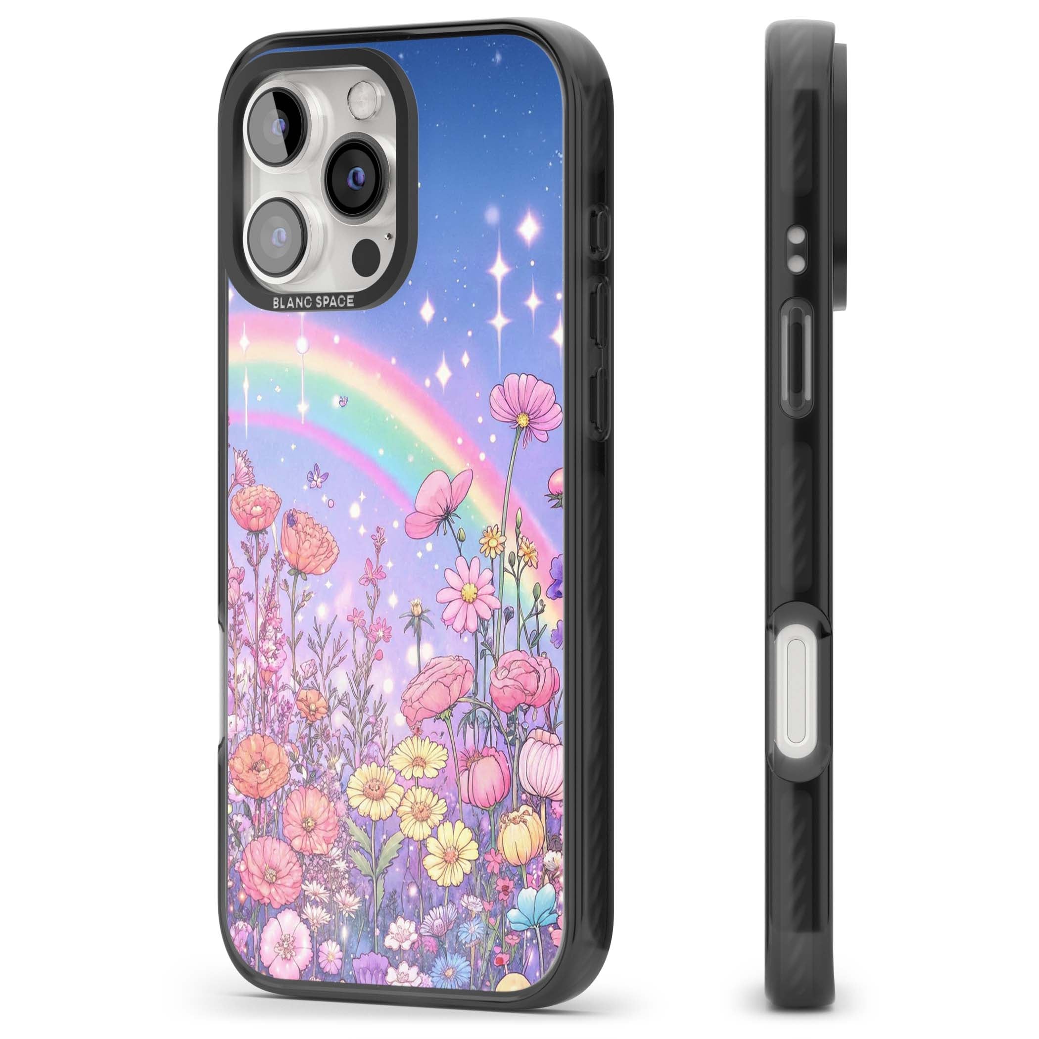Magical Meadow fairycore iPhone case featuring a pastel rainbow, sparkling stars and a wildflower meadow | Black Impact case for iPhone 16 Pro, iPhone 16 Pro Max