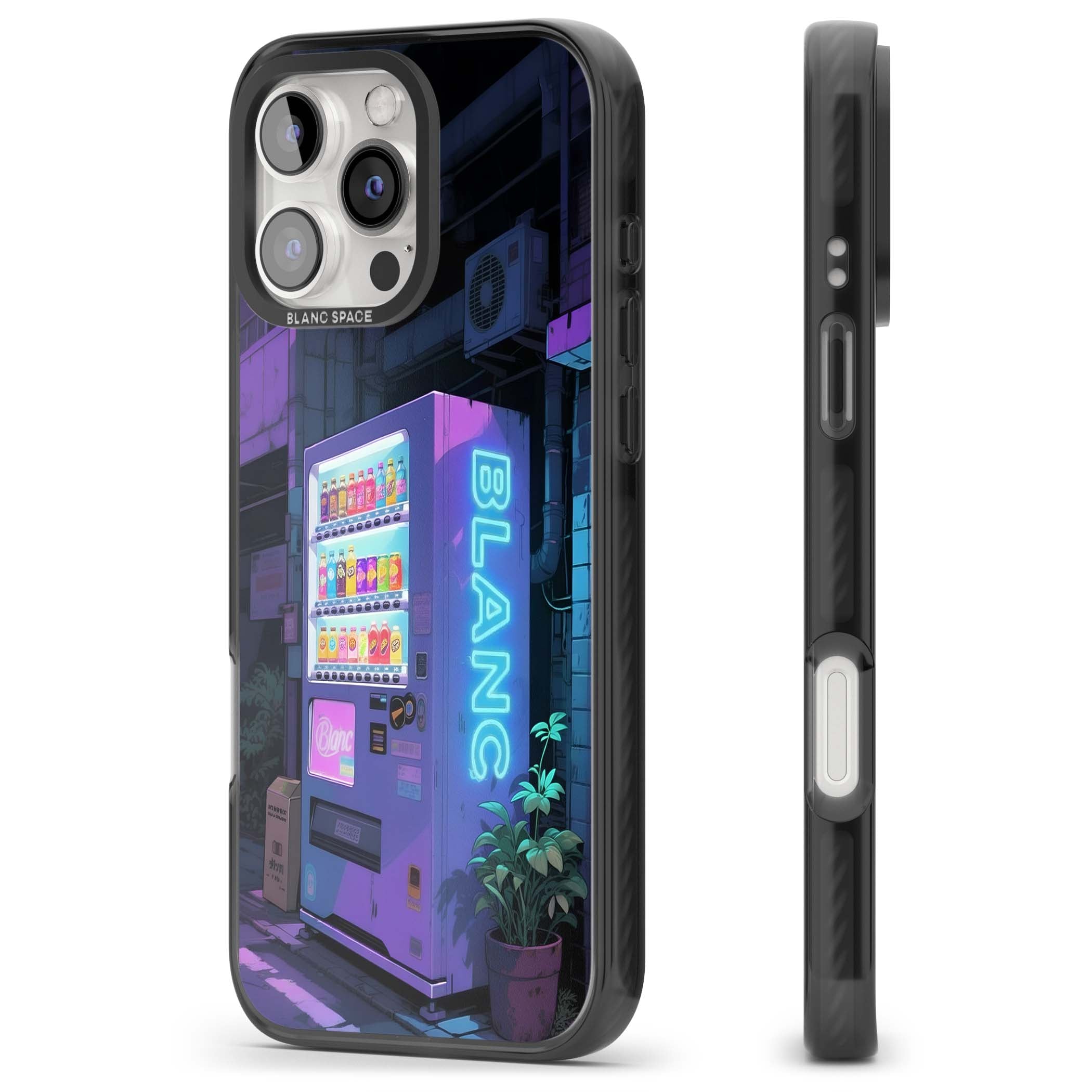 Shibuya Glow Japanese iPhone case featuring a glowing Tokyo vending machine, neon signage, and moody purple alleyway | Black Impact case for iPhone 16 Pro, iPhone 16 Pro Max