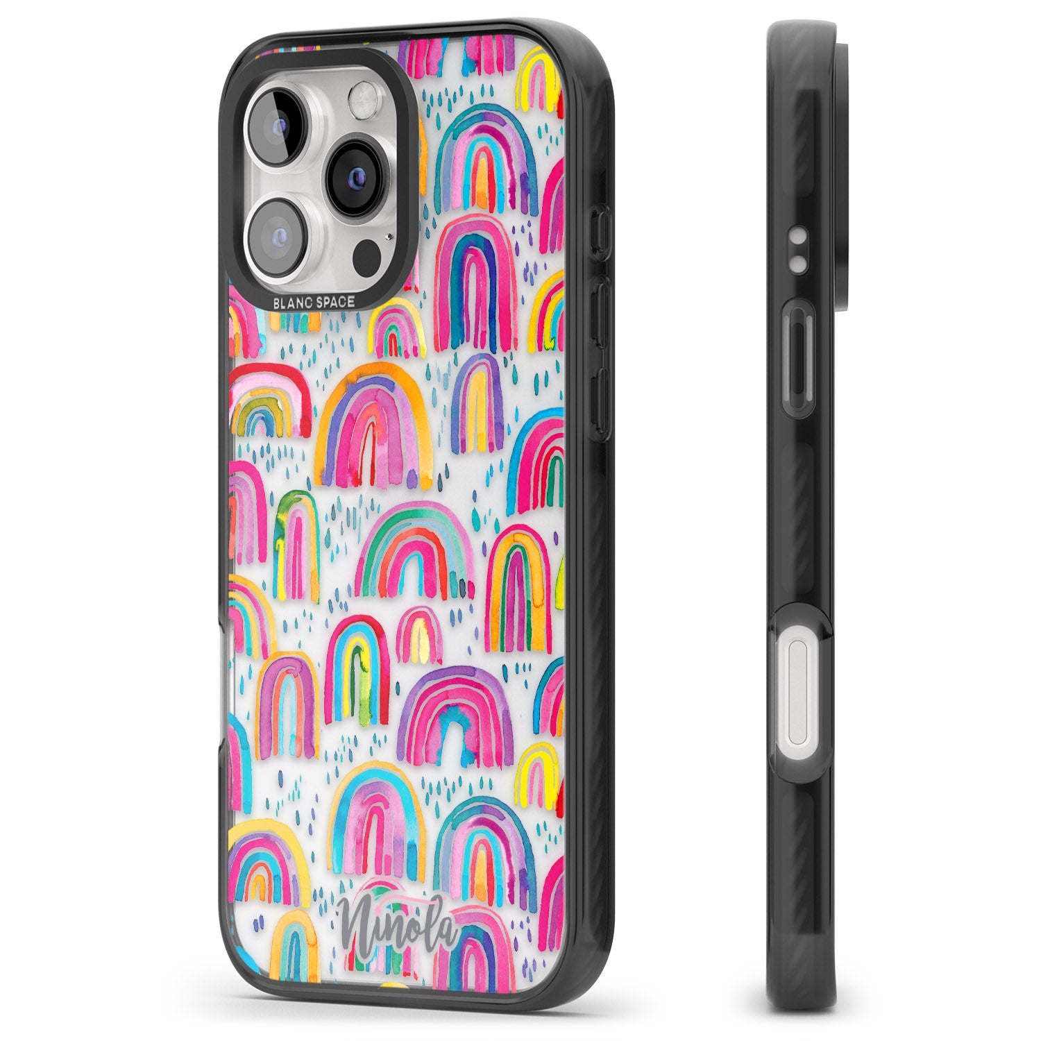 iPhone 16 Pro Max Cute Watercolor Rainbows Black Impact Phone Case