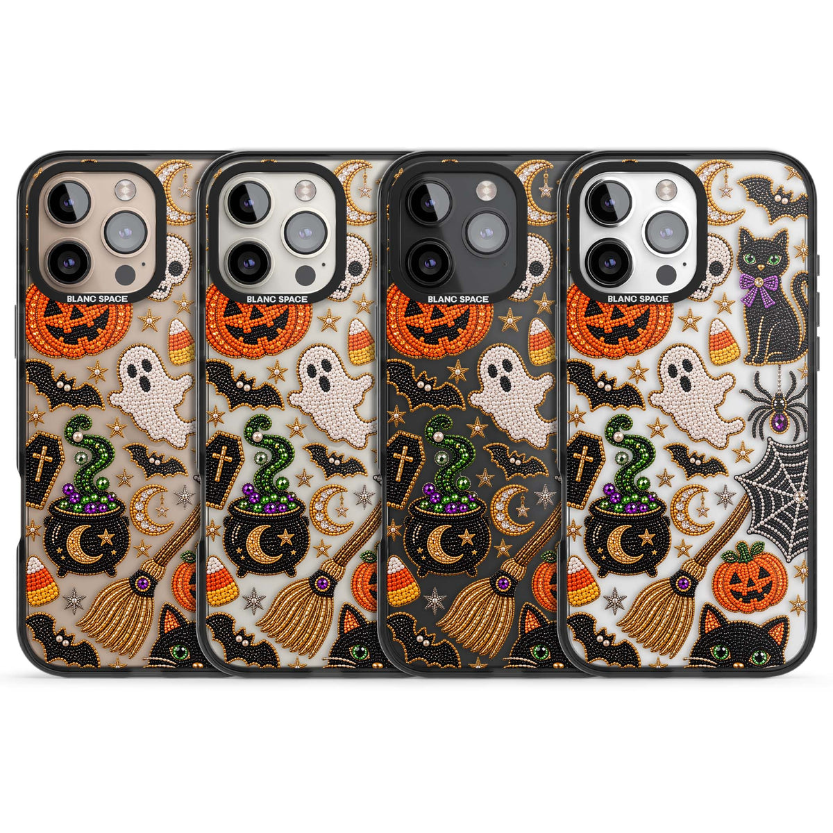 Beaded Halloween Halloween iPhone case featuring beaded pumpkins, ghosts, black cats and bats | Black Impact case for iPhone 16 Pro, iPhone 16 Pro Max