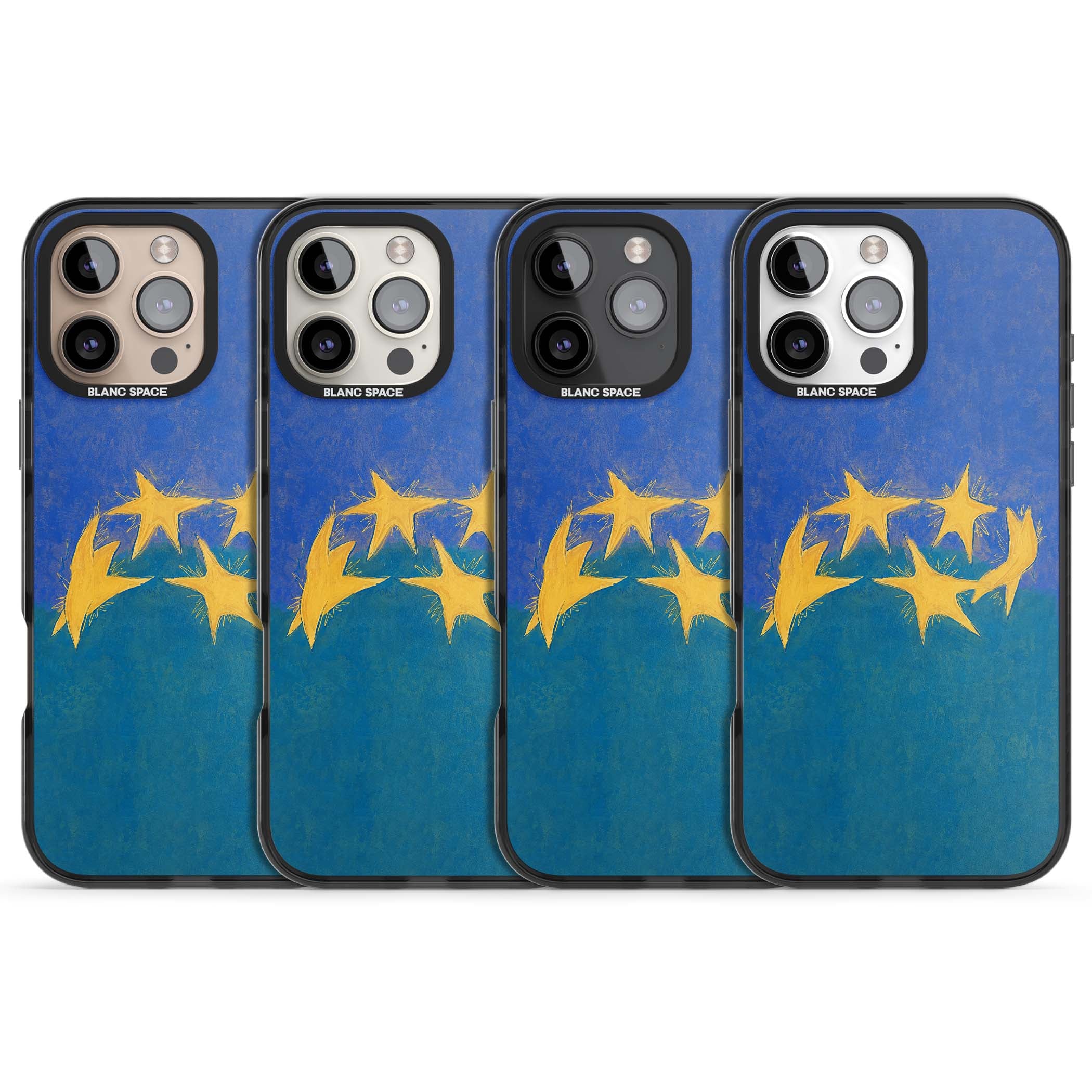 Star Boogie stars aesthetic iPhone case featuring five yellow hand-painted stars on cobalt blue and teal | Black Impact case for iPhone 16 Pro, iPhone 16 Pro Max