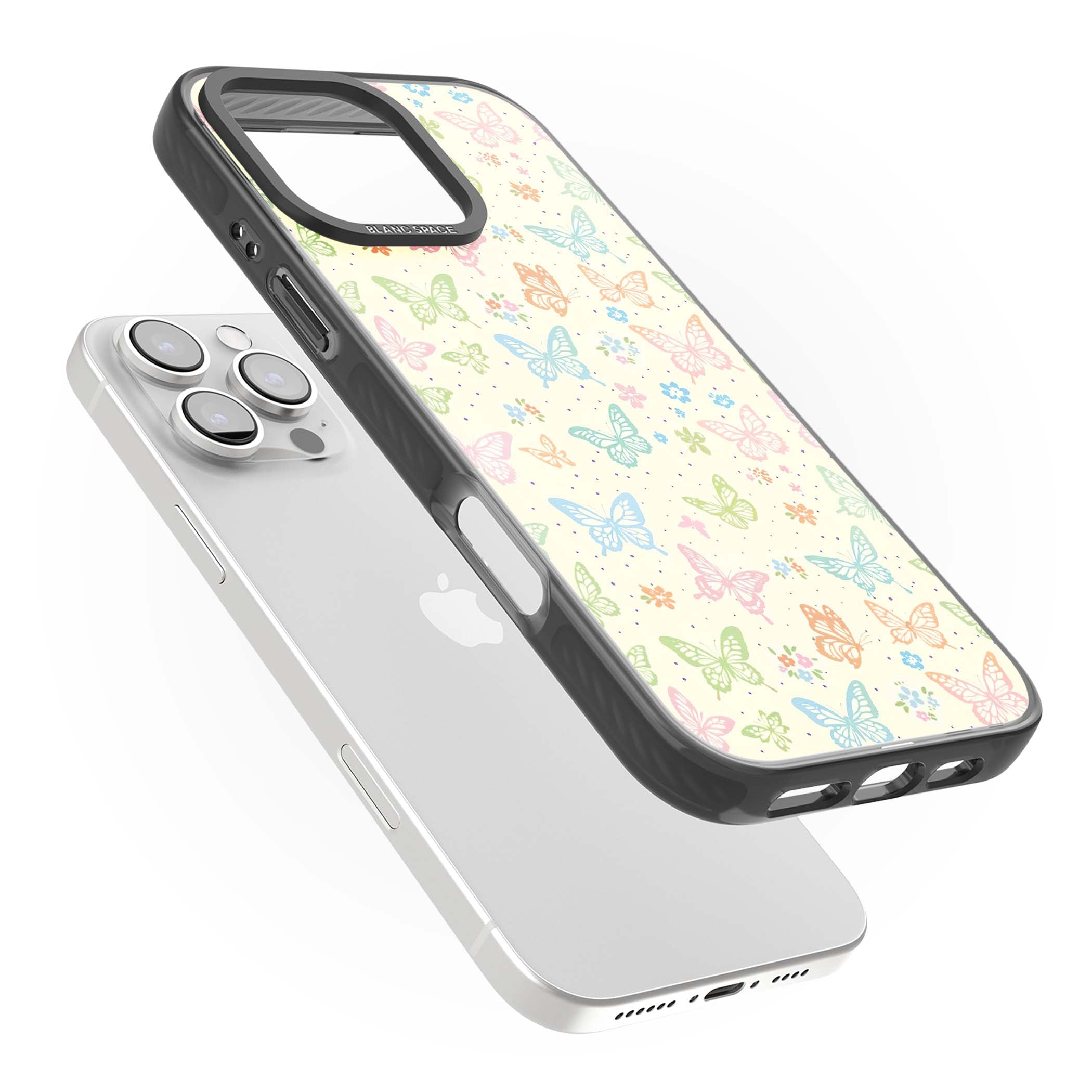 Sugar Wings cottagecore iPhone case featuring rainbow pastel butterflies, tiny wildflowers, and a cream background | Black Impact case for iPhone 16 Pro, iPhone 16 Pro Max