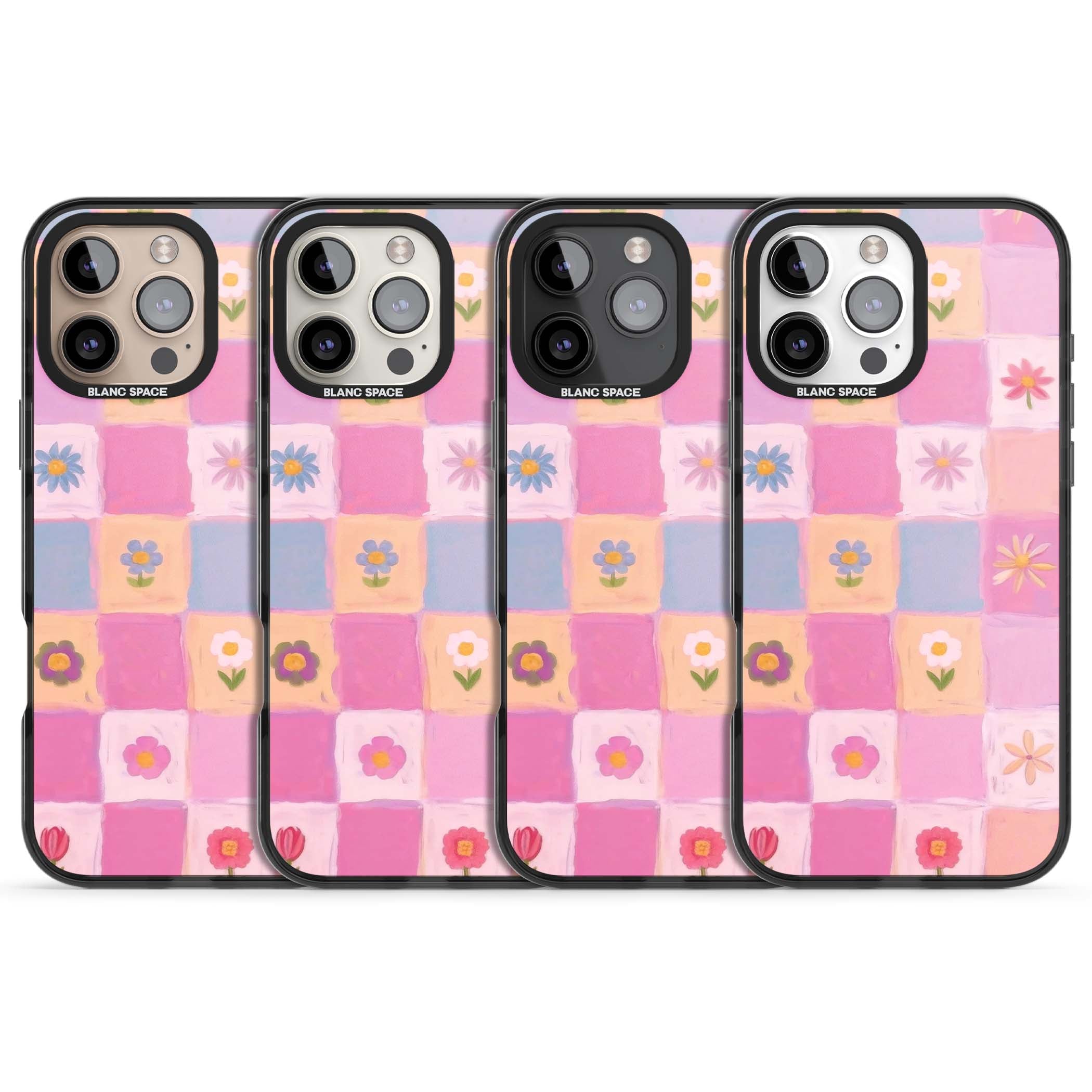 Pastel Flower Patchwork cottagecore iPhone case featuring painted pink and lilac squares with daisies and wildflowers | Black Impact case for iPhone 16 Pro, iPhone 16 Pro Max