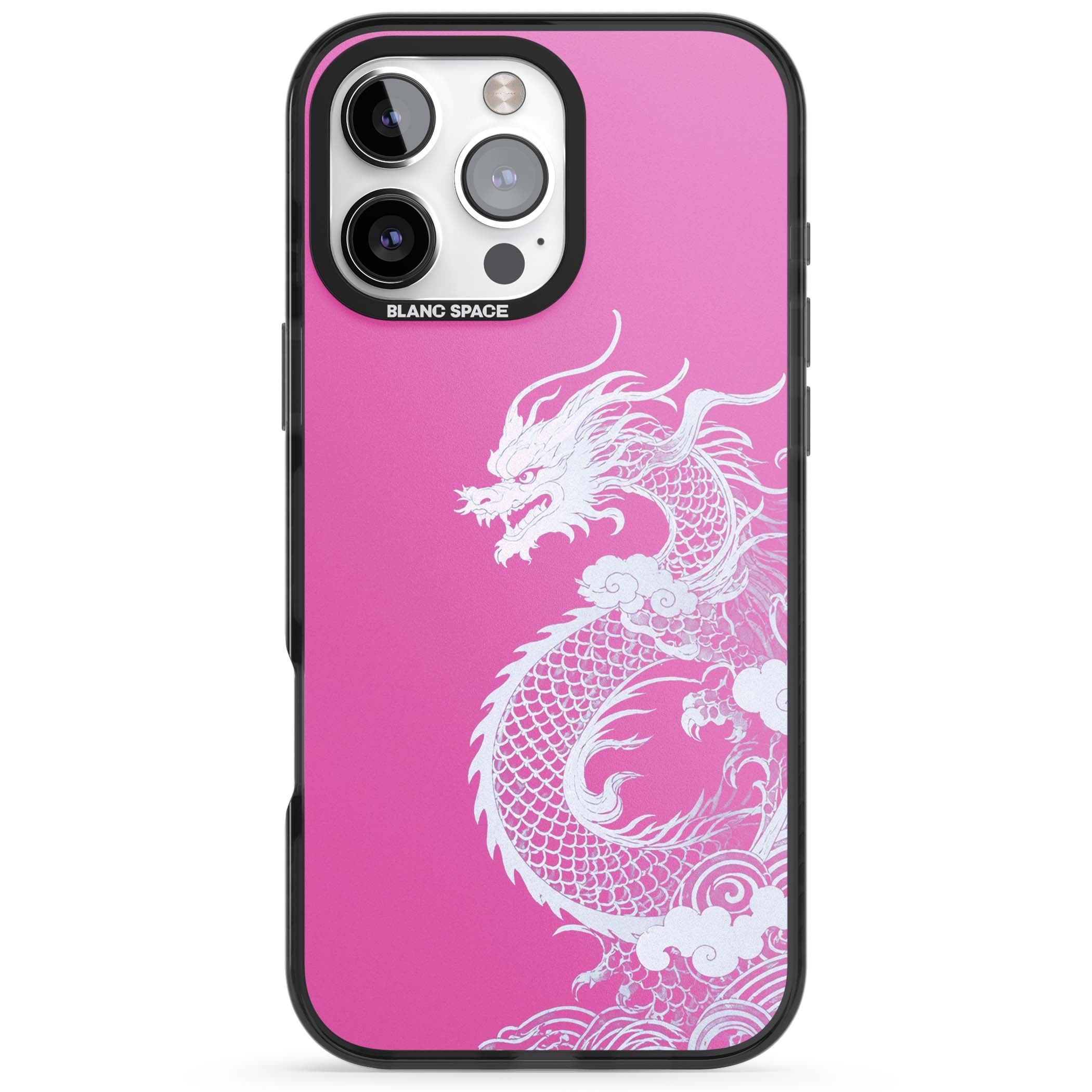Pink Empress chinese dragon iPhone case featuring a white dragon, swirling clouds and pink dragon wallpaper backdrop | Black Impact case for iPhone 16 Pro, iPhone 16 Pro Max