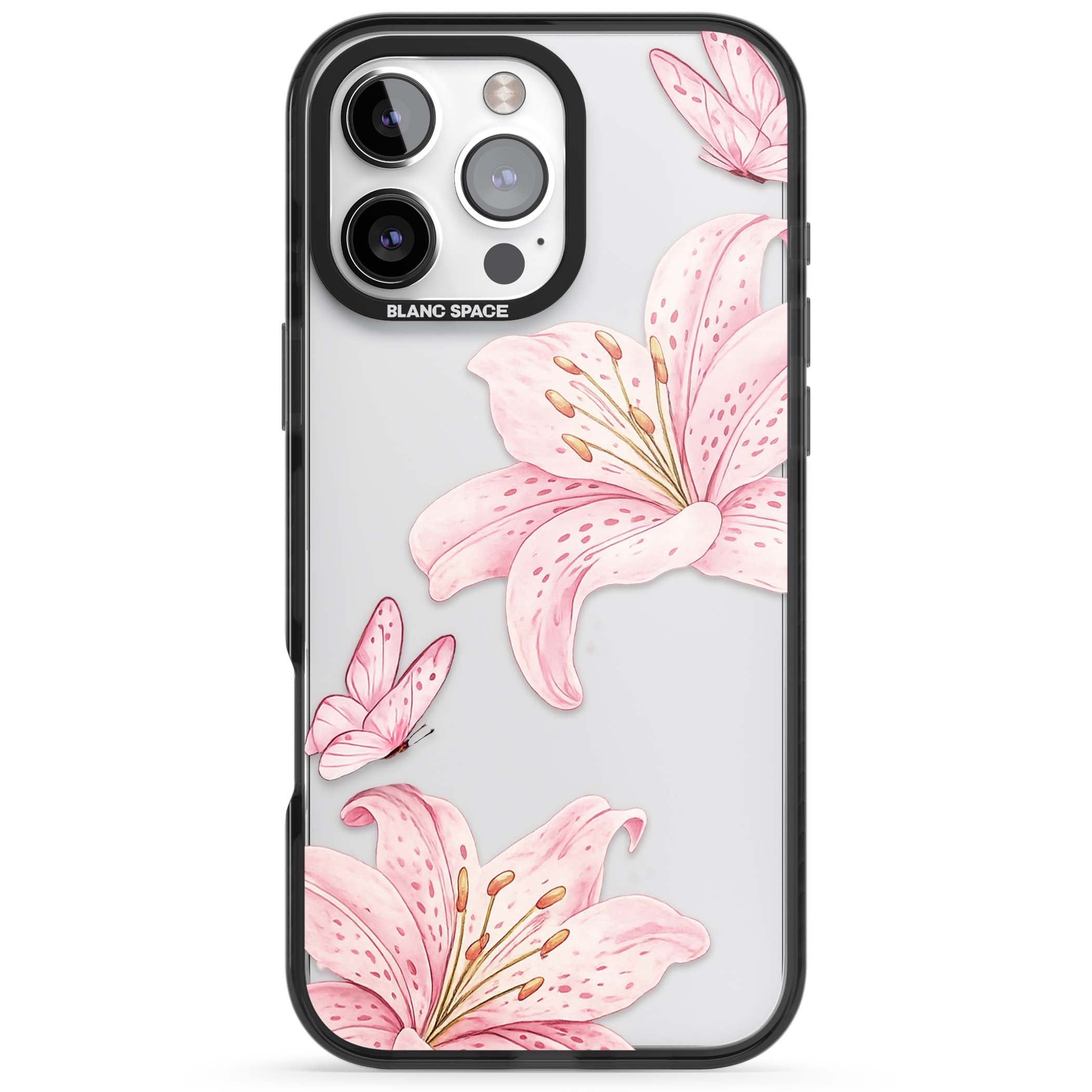 Lily Whisper floral iPhone case featuring pink watercolour lilies and delicate butterflies on a clear background | Black Impact case for iPhone 16 Pro, iPhone 16 Pro Max