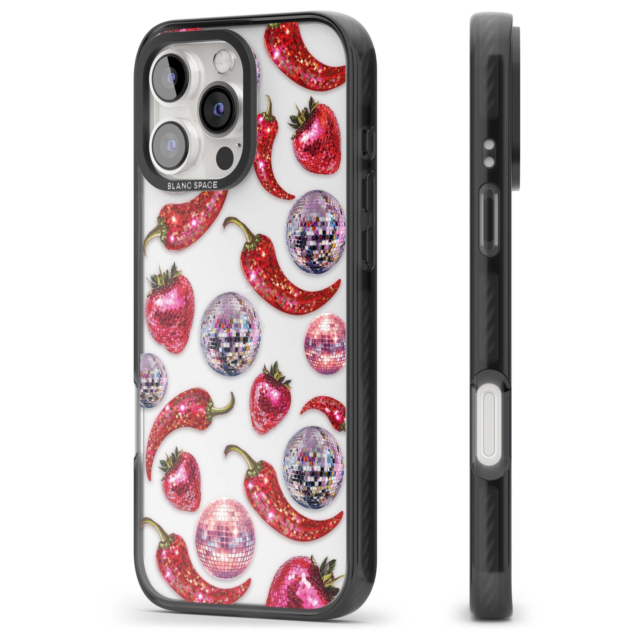 Spicy Disco Y2K iPhone case featuring glitter disco balls, sparkly strawberries and red chilli peppers | Black Impact case for iPhone 16 Pro, iPhone 16 Pro Max