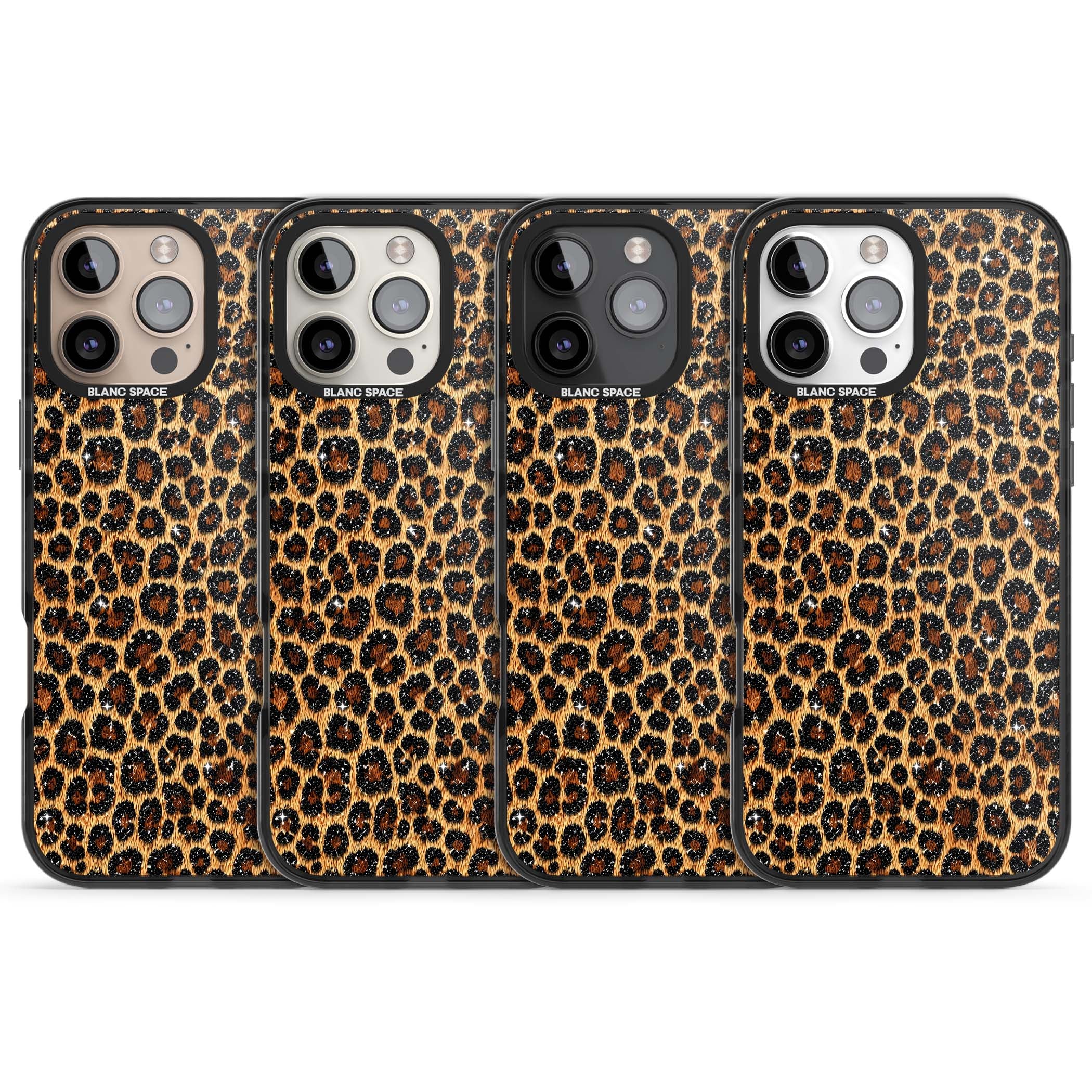 Diamond Leopard leopard print iPhone case featuring golden tan fur, black rosette spots and subtle glitter sparkle | Black Impact case for iPhone 16 Pro, iPhone 16 Pro Max