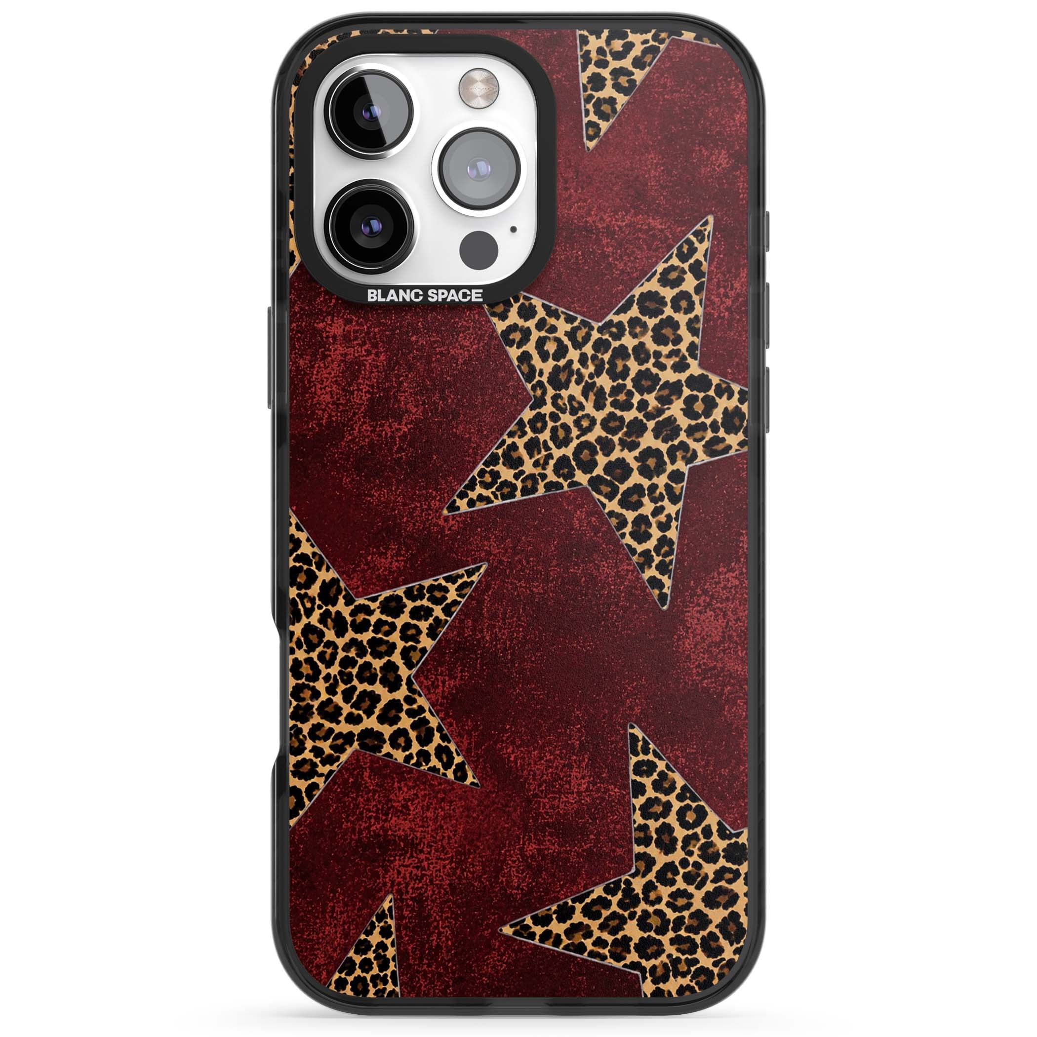 Showgirl leopard print iPhone case featuring cheetah print stars on distressed red grunge background | Black Impact case for iPhone 16 Pro, iPhone 16 Pro Max