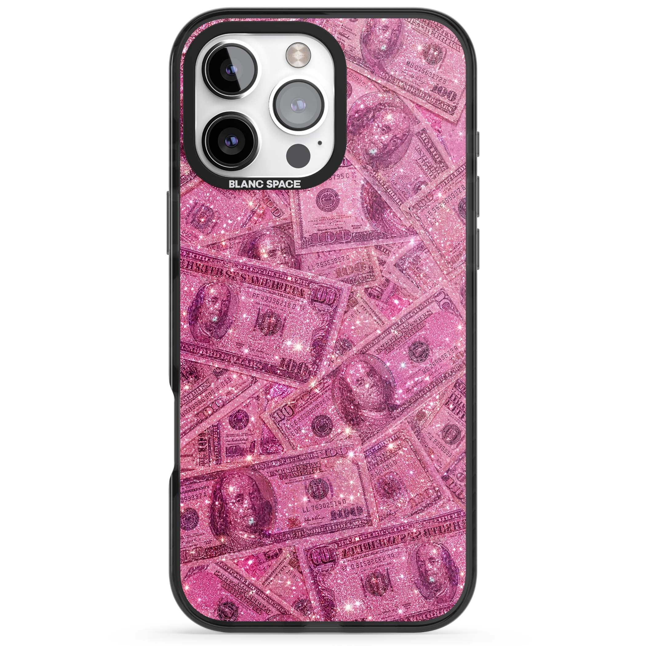 Glamorous baddie iPhone case featuring pink glitter hundred dollar bills and sparkling money wallpaper design | Black Impact case for iPhone 16 Pro, iPhone 16 Pro Max