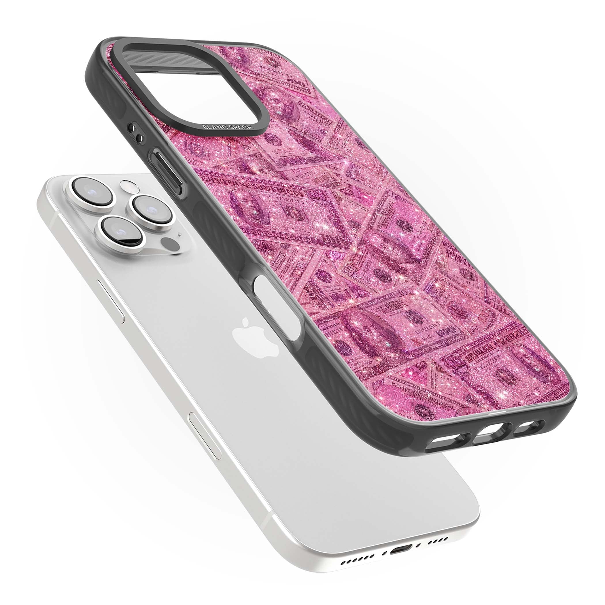 Glamorous baddie iPhone case featuring pink glitter hundred dollar bills and sparkling money wallpaper design | Black Impact case for iPhone 16 Pro, iPhone 16 Pro Max
