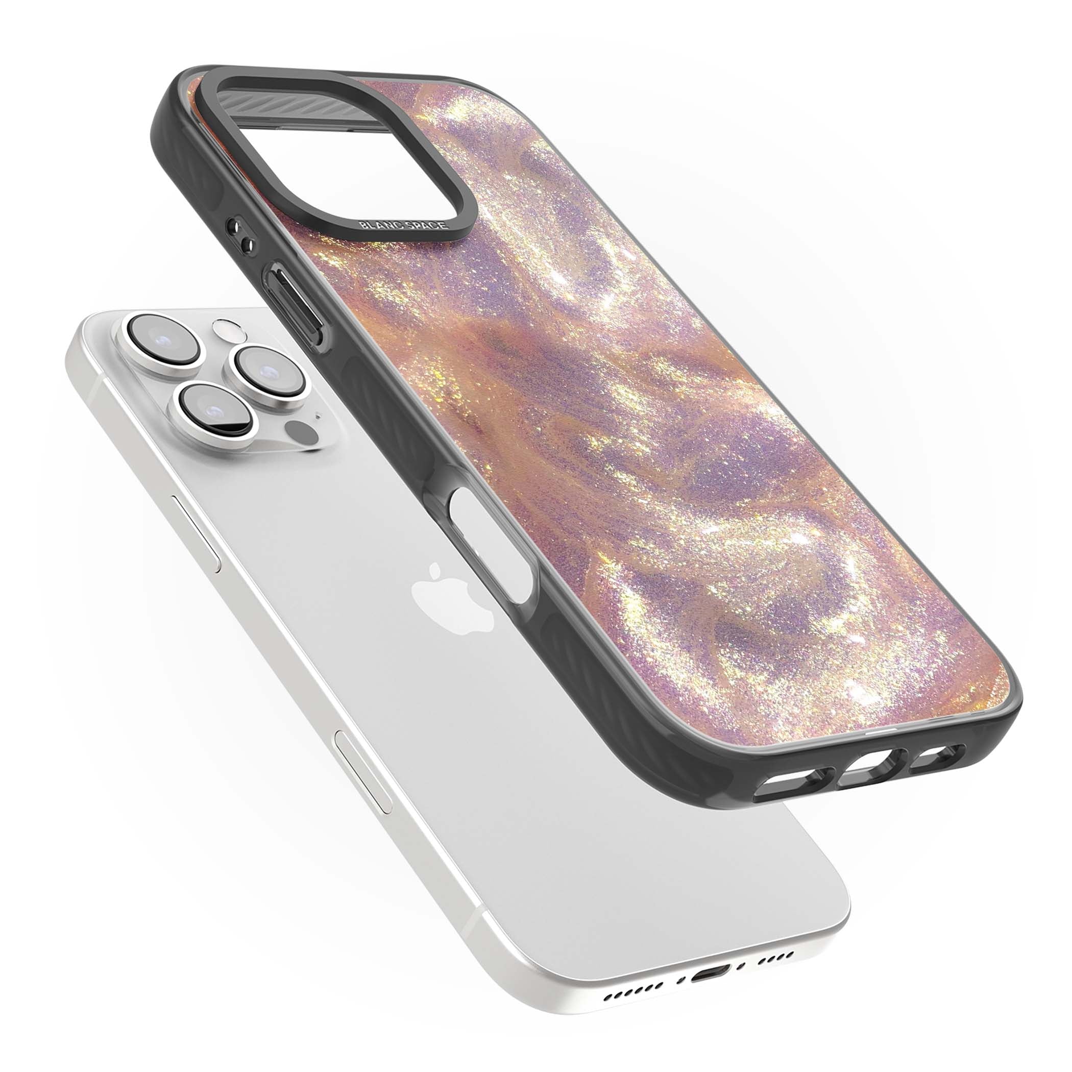Shimmer marble iPhone case featuring rose gold glitter swirls, lilac shimmer and iridescent pearl finish | Black Impact case for iPhone 16 Pro, iPhone 16 Pro Max