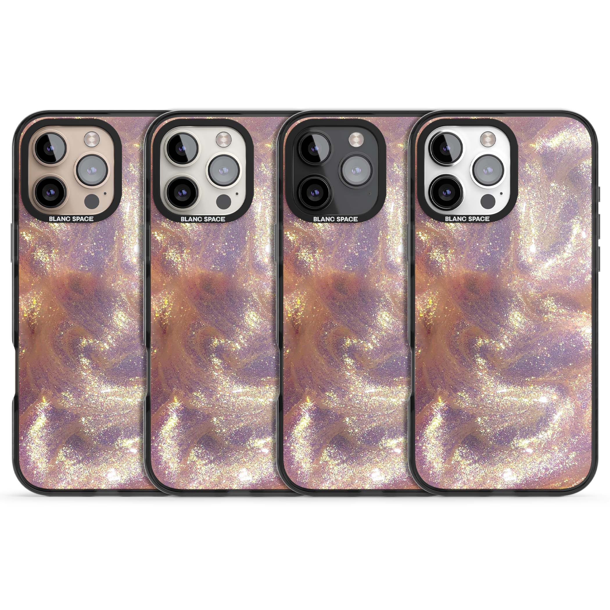 Shimmer marble iPhone case featuring rose gold glitter swirls, lilac shimmer and iridescent pearl finish | Black Impact case for iPhone 16 Pro, iPhone 16 Pro Max