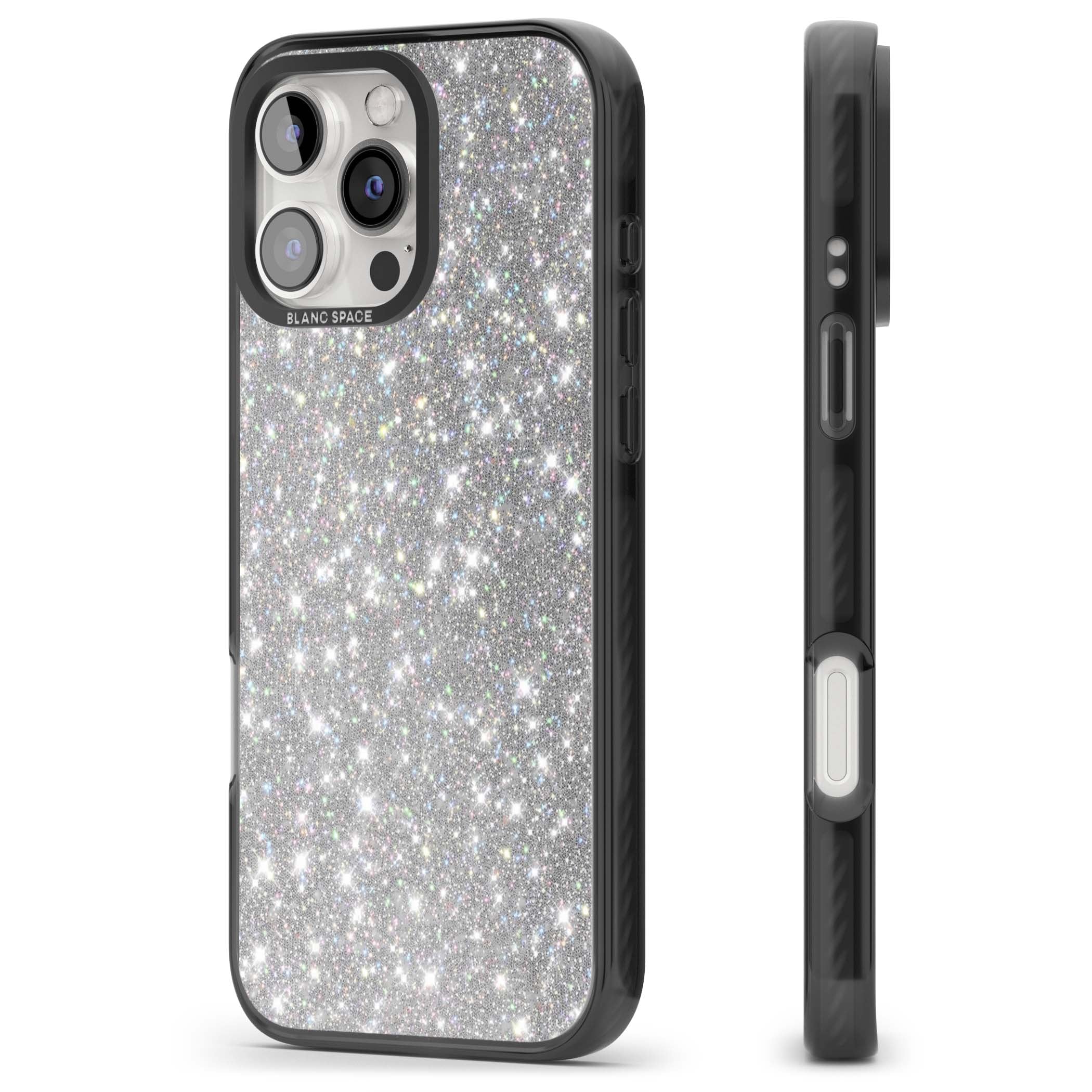 Diamond glam iPhone case featuring silver glitter sparkle and shimmering diamond dust effect | Black Impact case for iPhone 16 Pro, iPhone 16 Pro Max