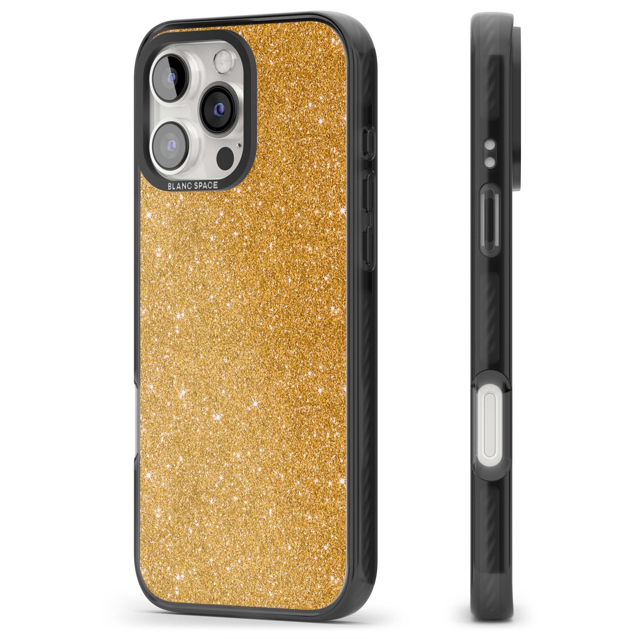 Gold Glitter gold glitter iPhone case featuring a shimmering sparkle wallpaper design in luxury gold | Black Impact case for iPhone 16 Pro, iPhone 16 Pro Max