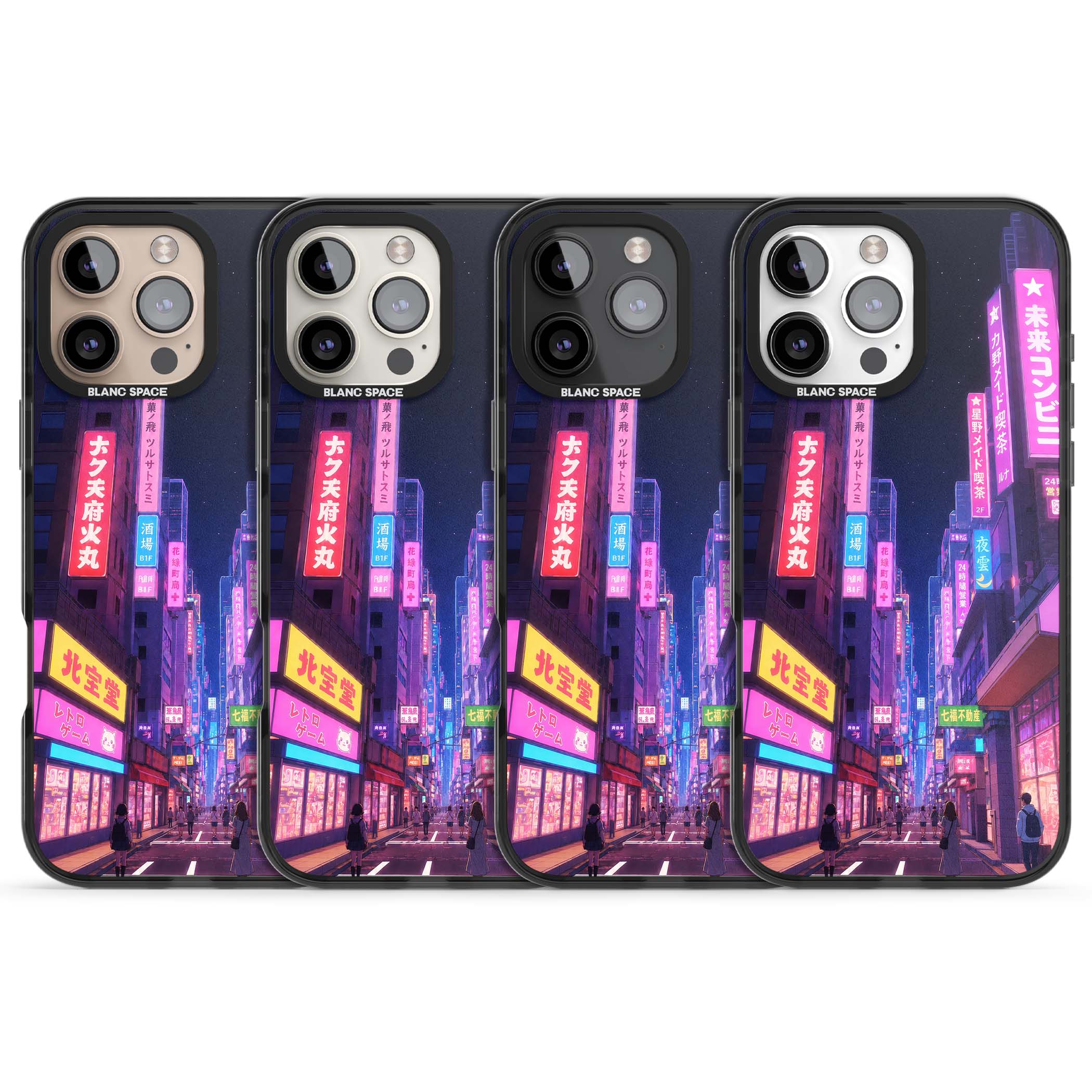 Shibuya At Night Japanese neon city iPhone case featuring glowing kanji signs, pink storefronts and a Tokyo street at n | Black Impact case for iPhone 16 Pro, iPhone 16 Pro Max