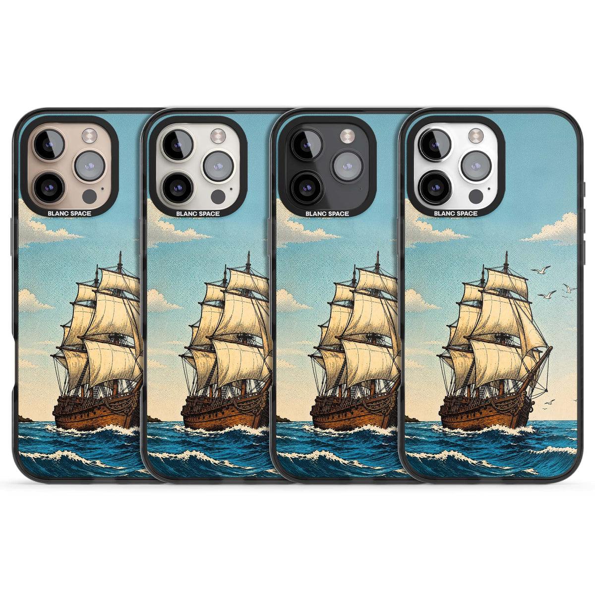 Ship at Sea nautical iPhone case featuring a vintage tall ship, ocean waves and seagulls | Black Impact case for iPhone 16 Pro, iPhone 16 Pro Max