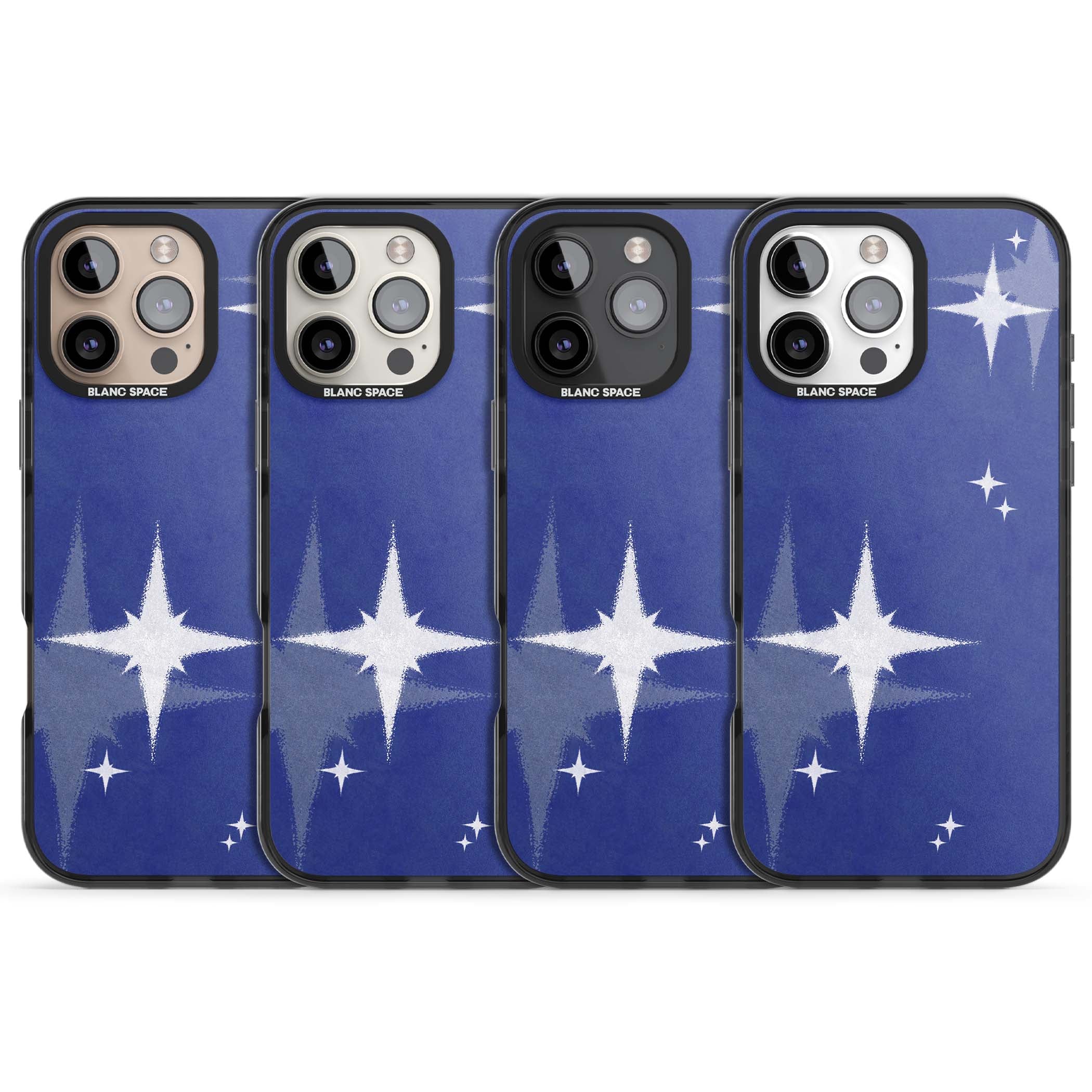 Blue Sparkle celestial iPhone case featuring sparkling silver stars on a deep blue painterly night sky | Black Impact case for iPhone 16 Pro, iPhone 16 Pro Max