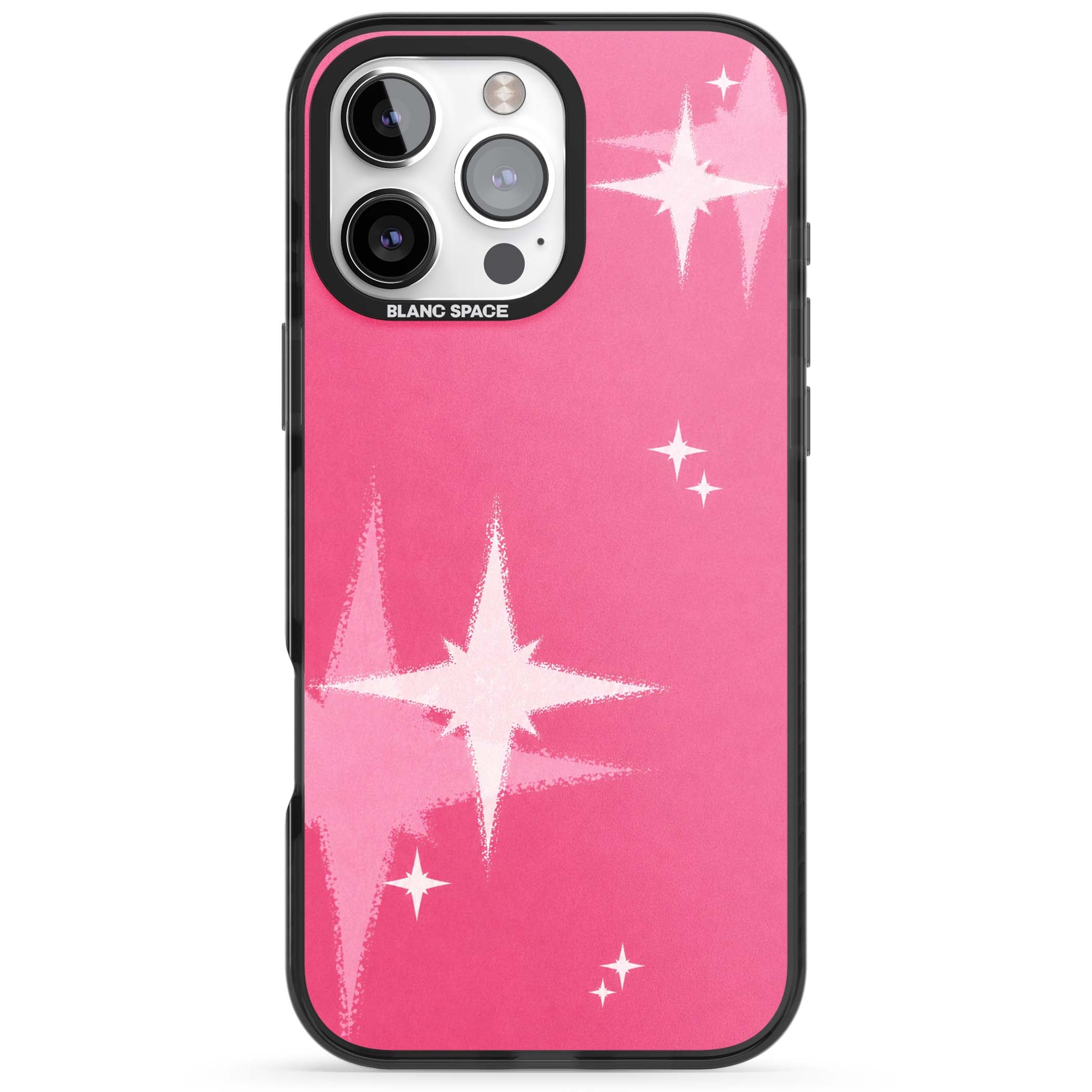 Pink Sparkle Y2K iPhone case featuring hot pink background with shimmering white starburst pattern | Black Impact case for iPhone 16 Pro, iPhone 16 Pro Max