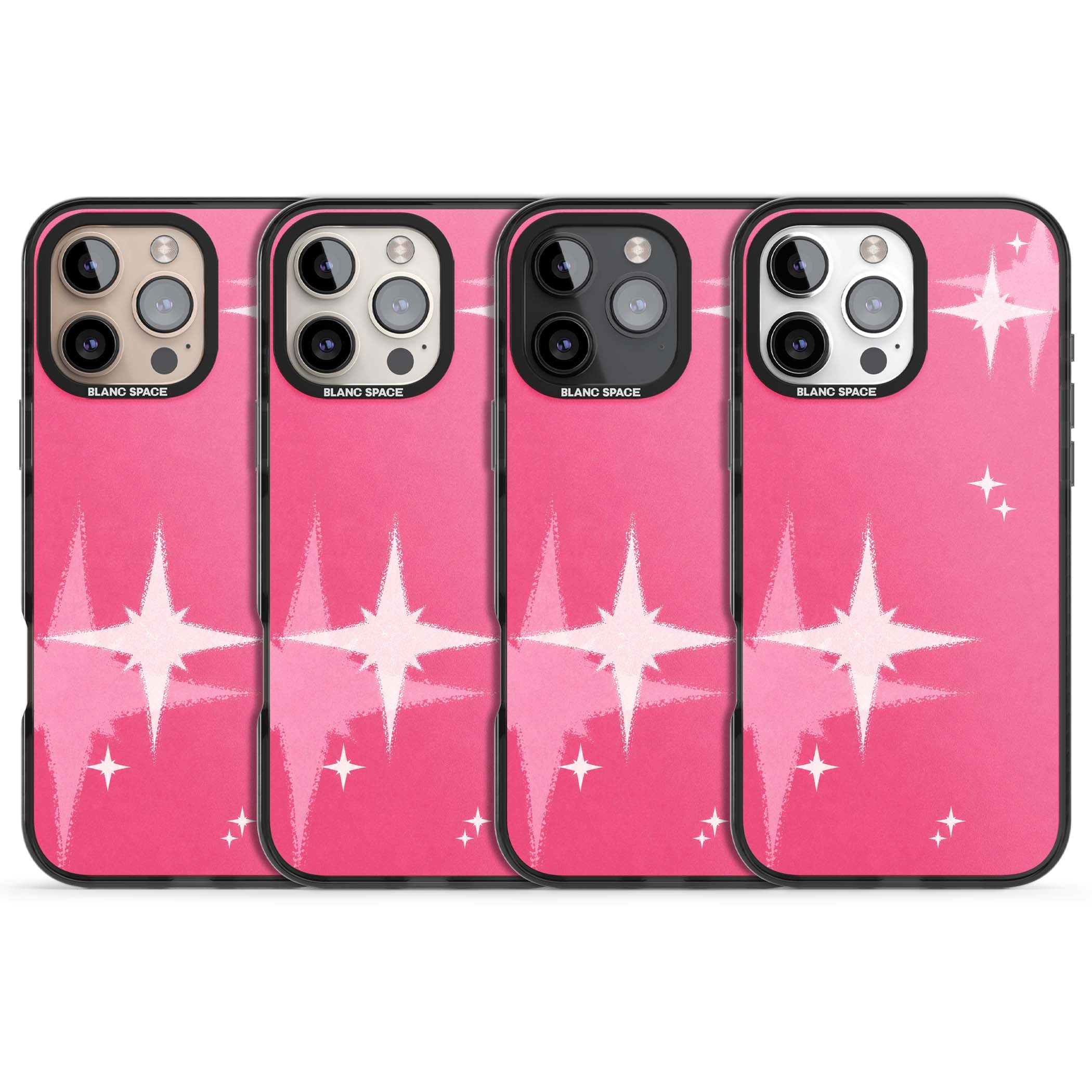 Pink Sparkle Y2K iPhone case featuring hot pink background with shimmering white starburst pattern | Black Impact case for iPhone 16 Pro, iPhone 16 Pro Max