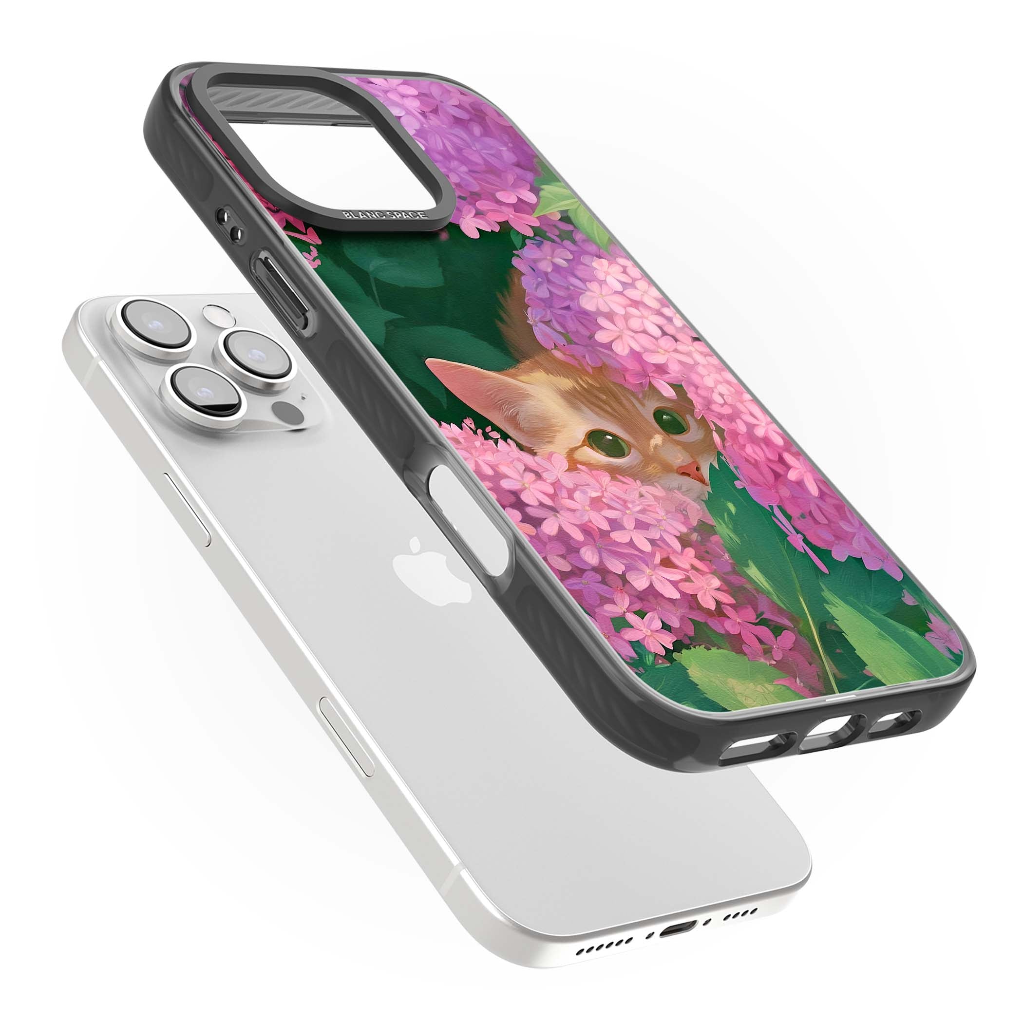 Cat In Pink Flowers cottagecore iPhone case featuring a ginger kitten peeking through lilac and pink hydrangea flo | Black Impact case for iPhone 16 Pro, iPhone 16 Pro Max