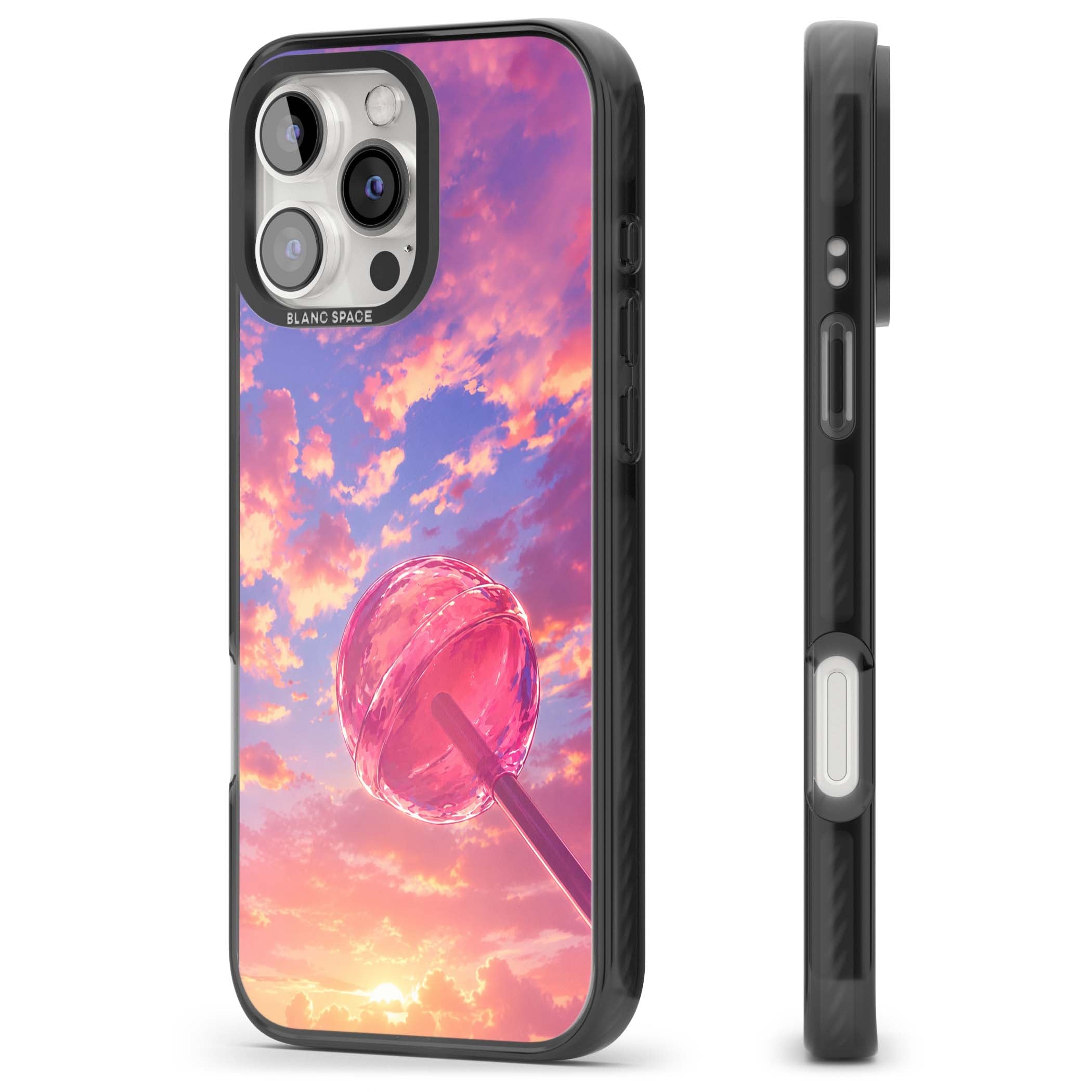 Sugar Sunset candy aesthetic iPhone case featuring a pink lollipop, pastel sunset sky and dreamy clouds | Black Impact case for iPhone 16 Pro, iPhone 16 Pro Max